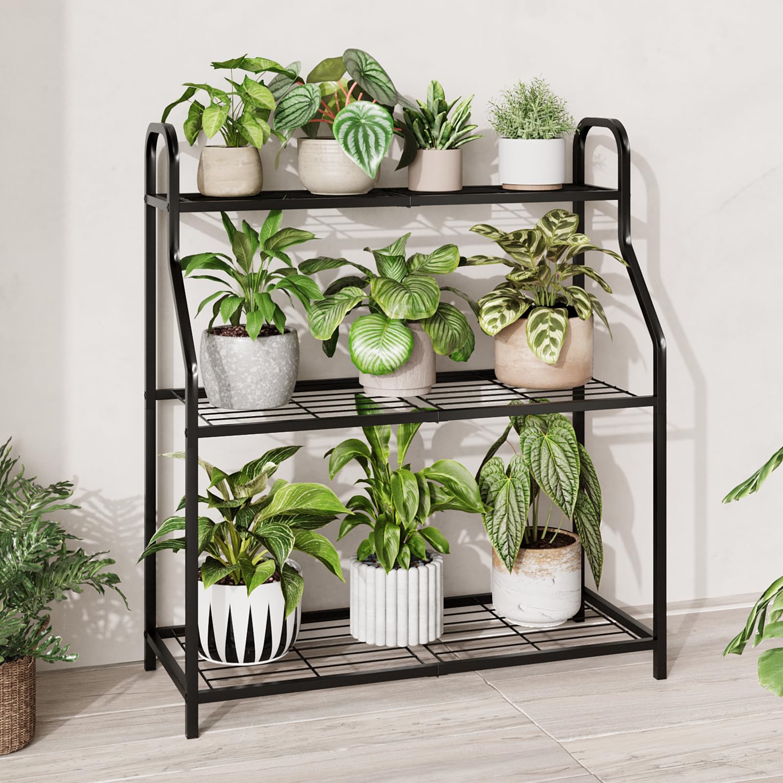 Bamworld Pflanzenständer Schwarz Metall Wetterfestes Pflanzenregal für Innen und Außen, Pflanztisch für Blumen und Kräuter, robuster Blumenständer mit 3 Ebenen