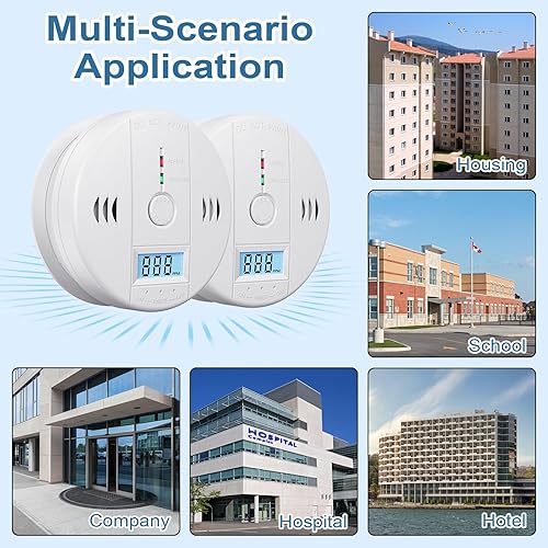 Miniatura 7 de 1 paquete de detectores de monóxido de carbono alimentados por batería, alarma de monóxido de carbono con pantalla digital LED, alarma de CO con
