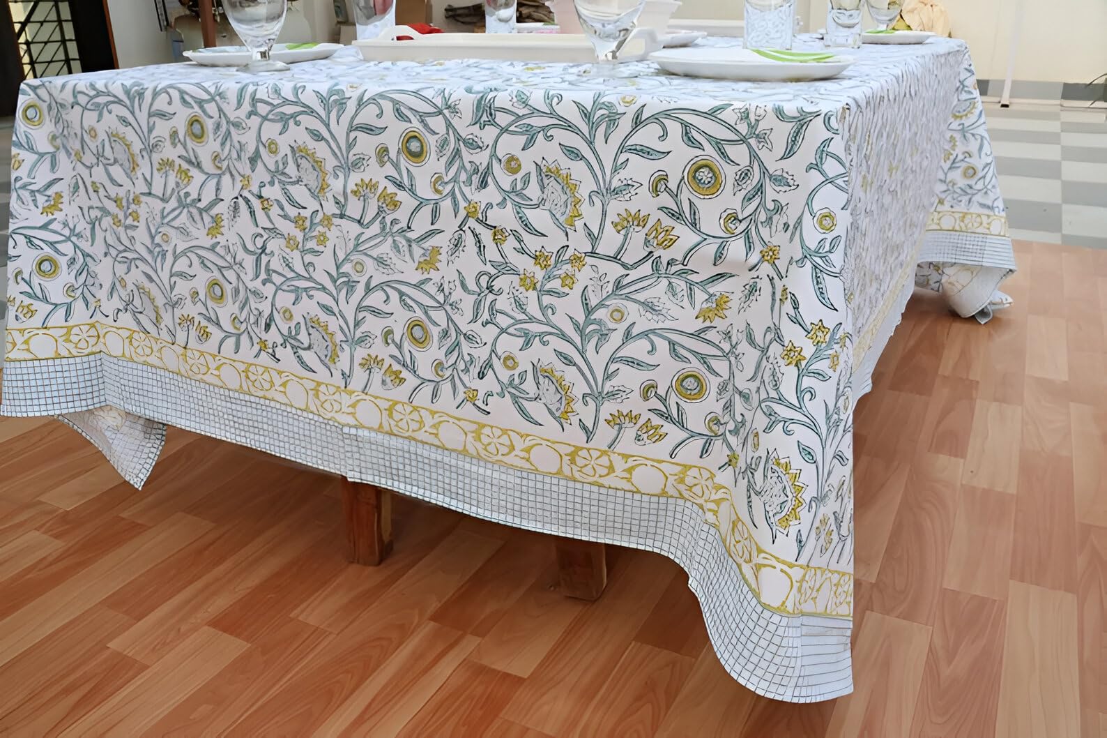 INDACORIFY Nappe à imprimé Floral Indien, Bloc à Main en Coton imprimé, Couverture de Table en Coton, Nappe rectangulaire, Cadeaux de Mariage