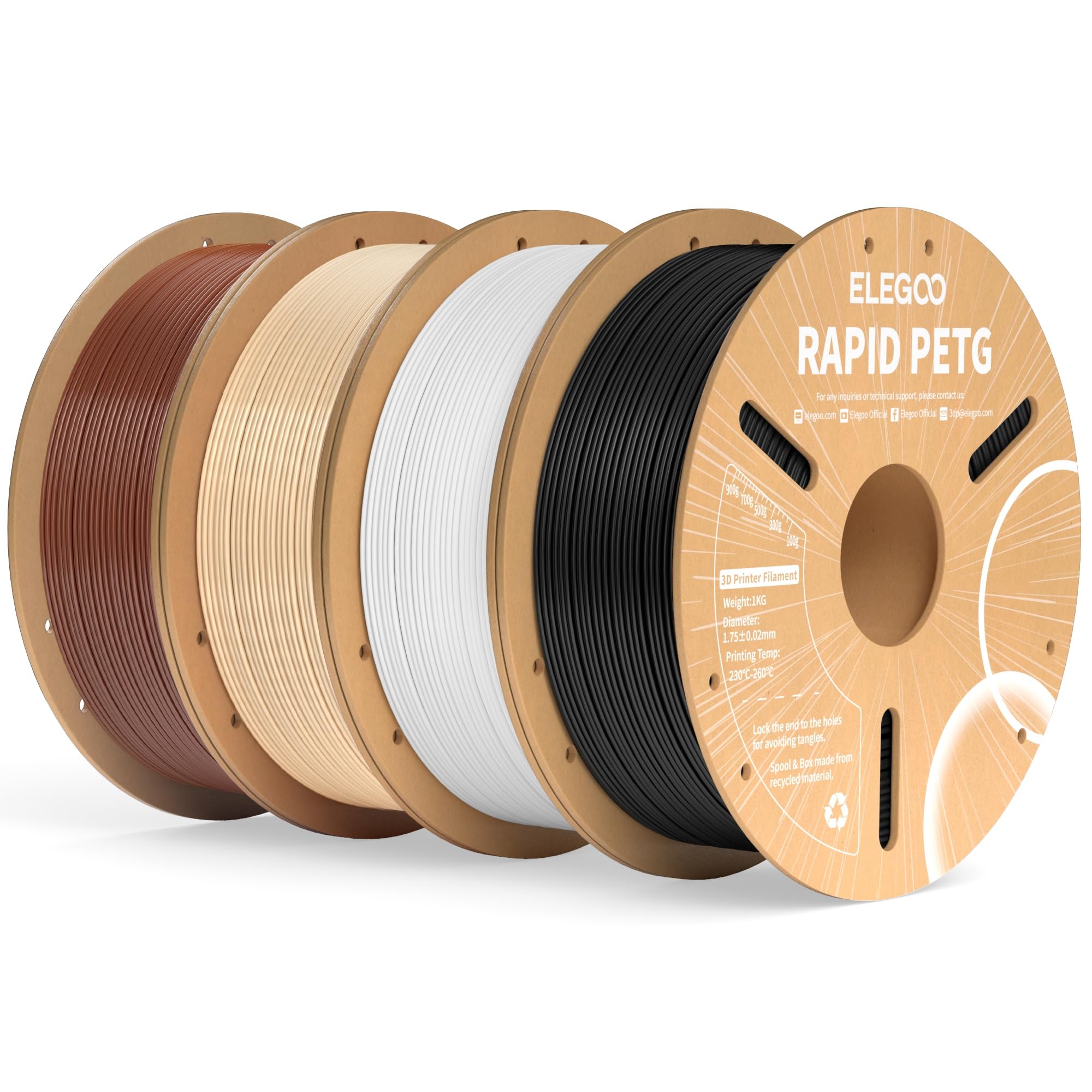 ELEGOO Rapid PETG Filament 1,75 mm pakiet 4 kg, wysoka prędkość do 600 mm/s, dokładność filamentu do drukarki 3D +/- 0,02 mm, szpula kartonowa 1 kg (1 kg) pasuje do większości drukarek 3D FDM (czarny