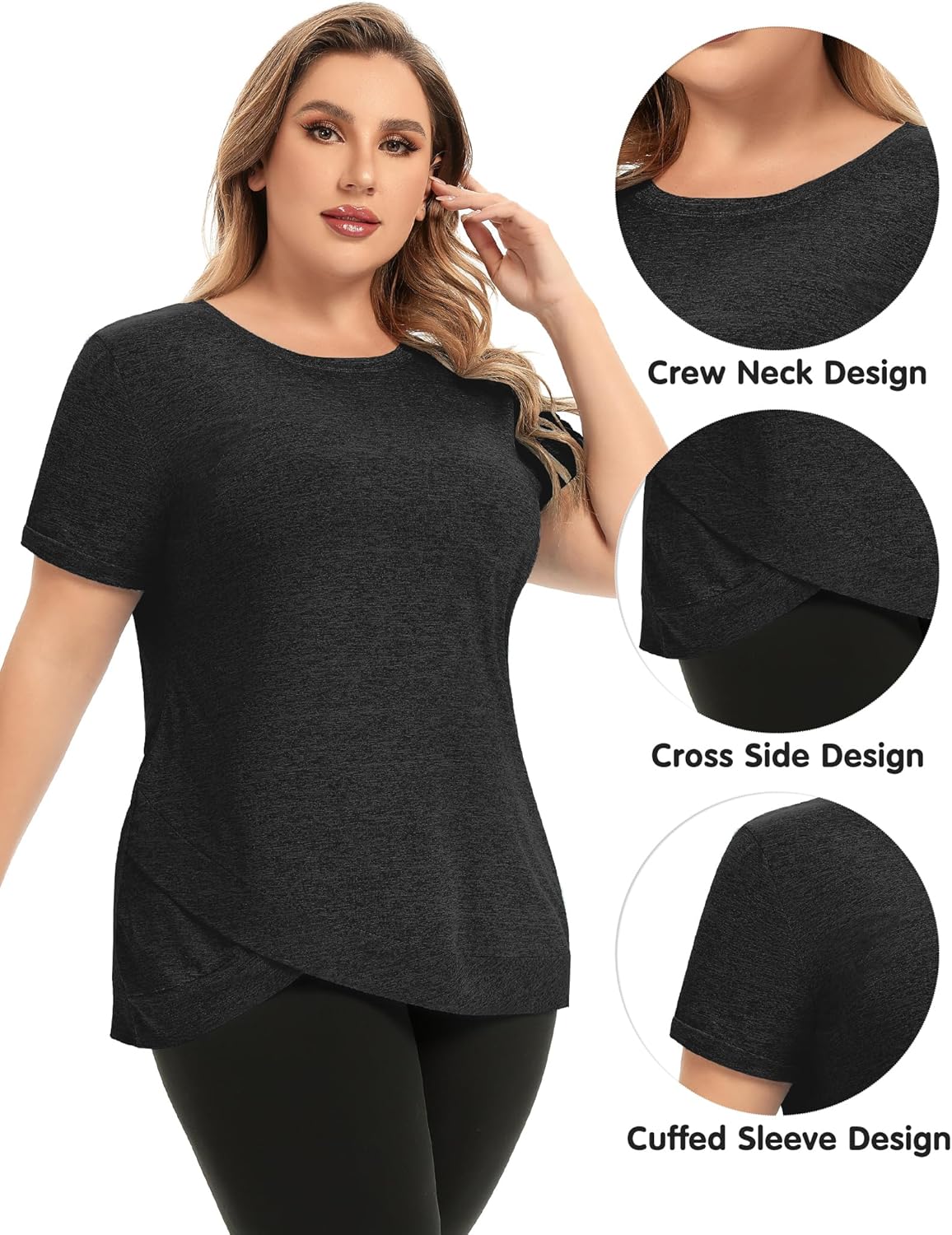 FOREYOND Women's Plus Size Workout Tops Short Sleeves Loose Fit Athletic Shirts Yoga Gym Running Clothing - Image 3