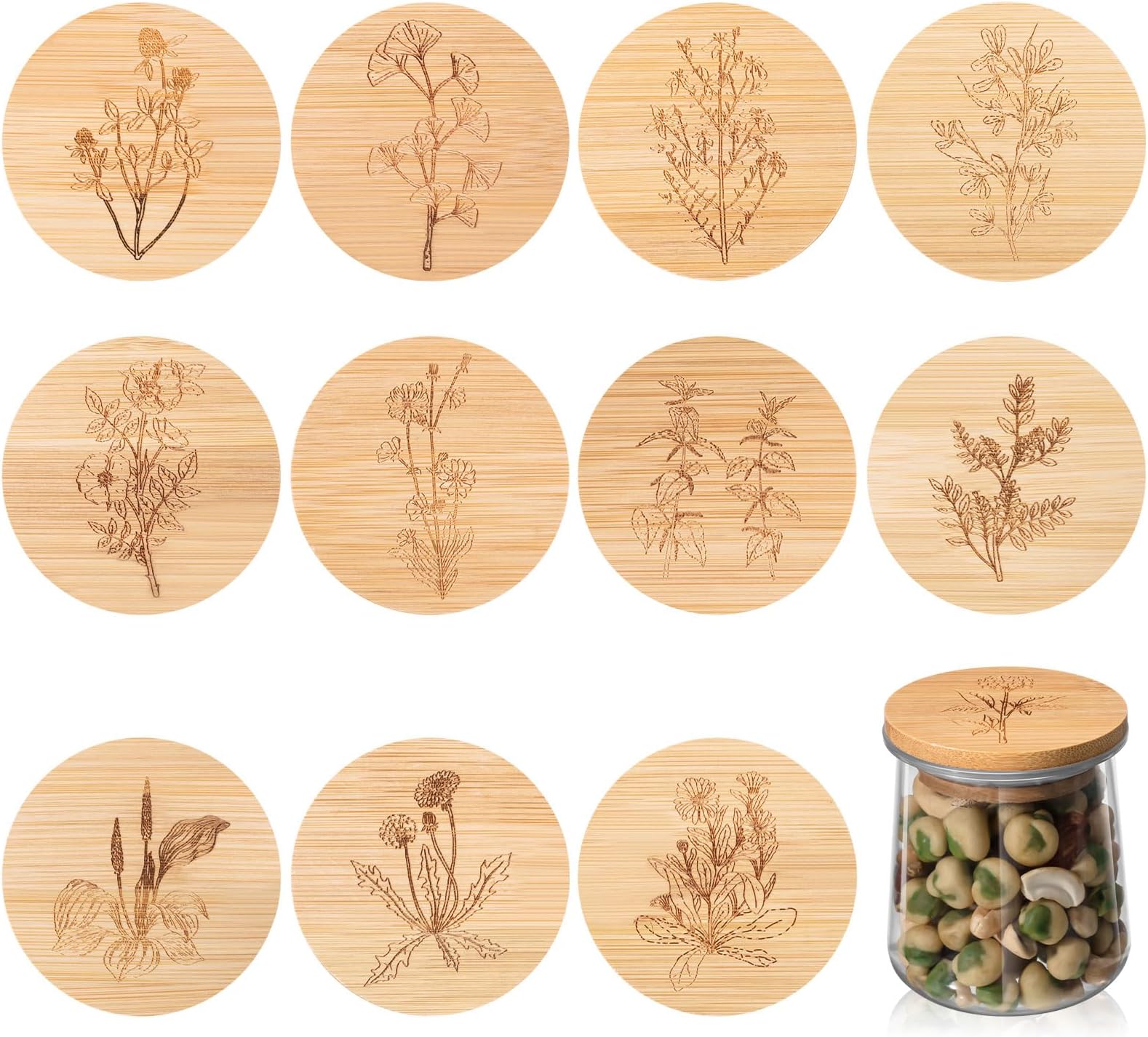 12 Pieces Yogurt Jar Lids Inspirational Yogurt Bamboo Lids Set with Silicone Sealing Compatible with Oui Jars, Smile Happy Kind Plant(Flower and Herb)