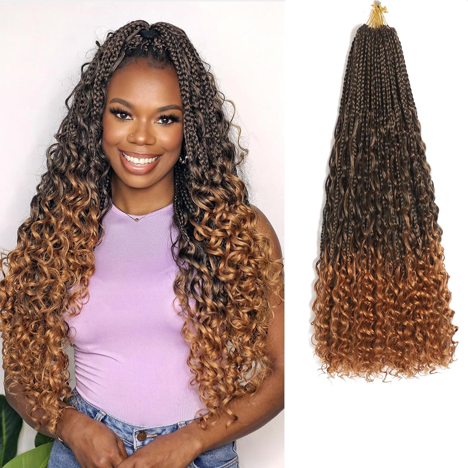 Flagship 9 Packs Goddess Box Braids, 14 Inch Ombre Pre-looped Crochet Braids with Curly Ends, Bohemian Curly Hippie Box Braids - T30