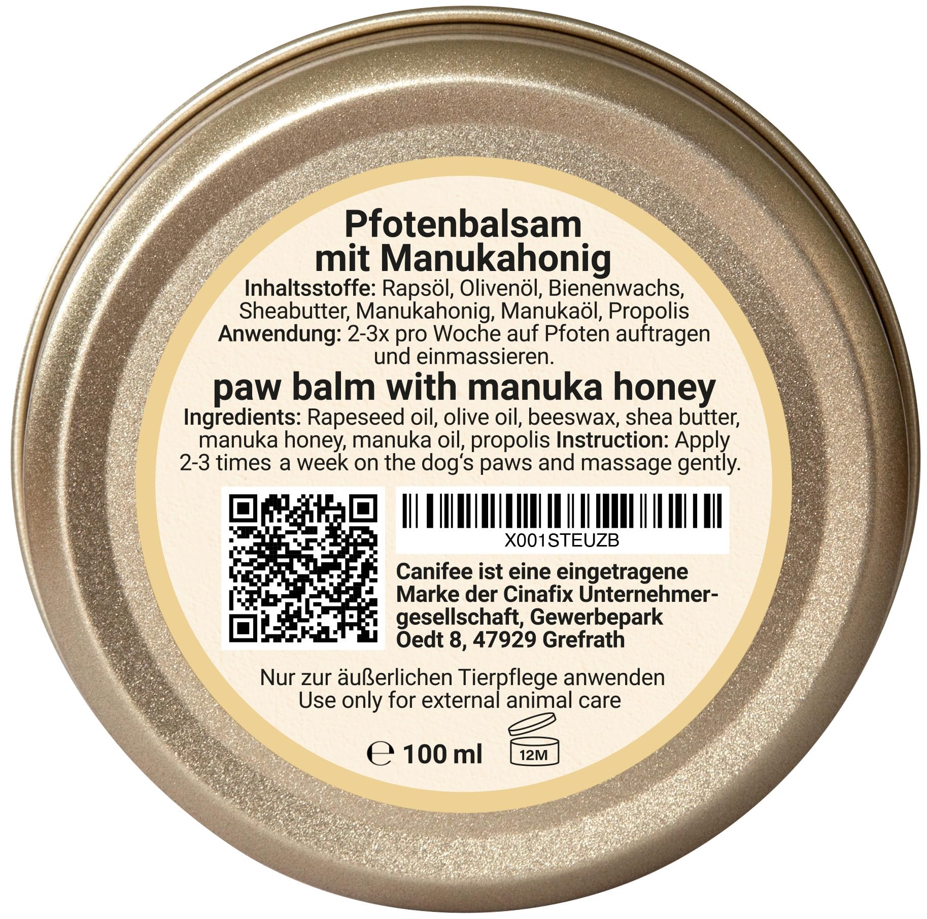 Pfotenbalsam Hunde mit Manukahonig 100ml Dose parfumfrei mineralölfrei die ideale Hunde Pfotenpflege für Sommer und Winter