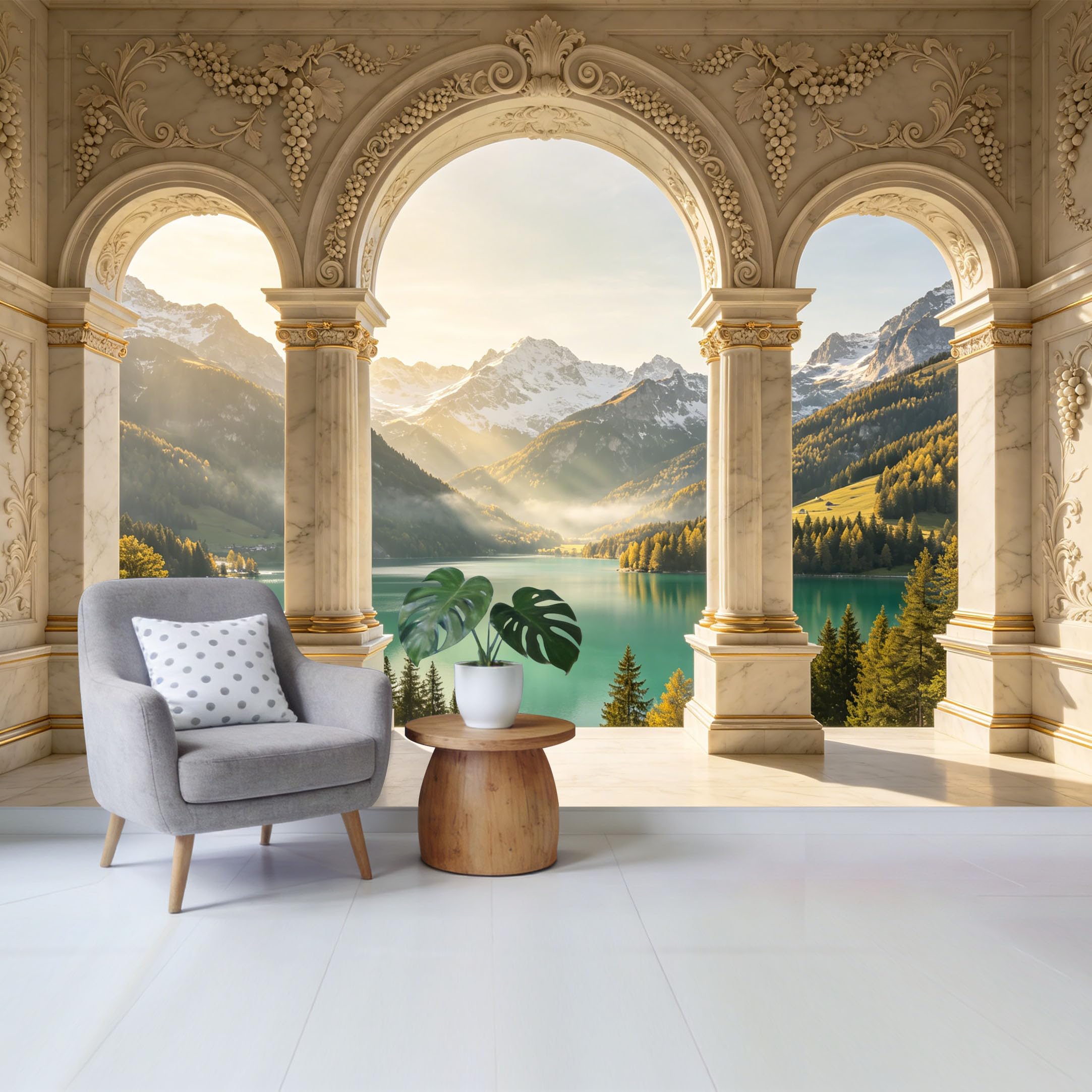 Removable Self Adhesive Fabric Mural， Neoclassical Arch Mountain Lake Custom Size Wall Covering， UV Protected Waterproof Washable Wall Decor for Living Room Bedroom Bathroom