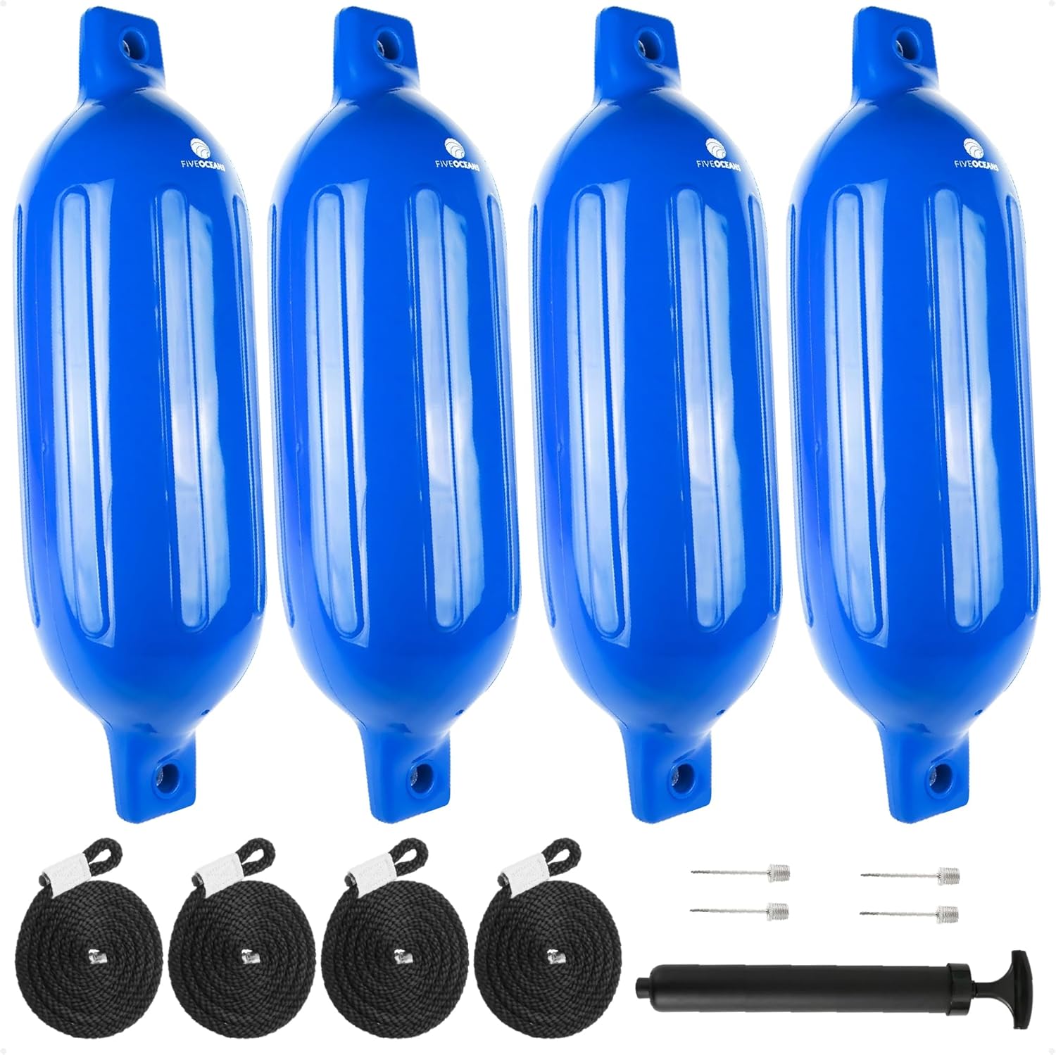 Five Oceans Twin Eye Ribbed Boat Fender Kit, Inflatable Boat Bumpers for Docking with Fender Lines 3/8-Inch x 5Ft, Multiple Size