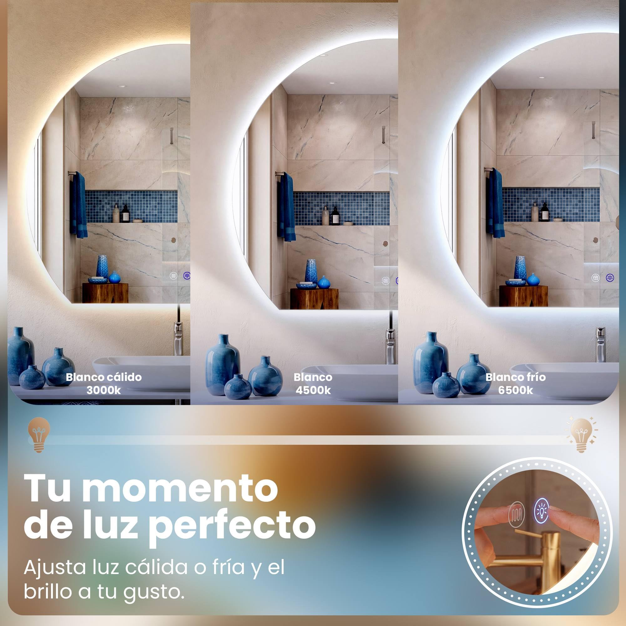 CLP Espejo de Bano LED semicircular, Espejo de Pared sin Marco con Sensor tactil, Regulable, 3 Tonos de luz, antivaho Baloni, Tamaño: