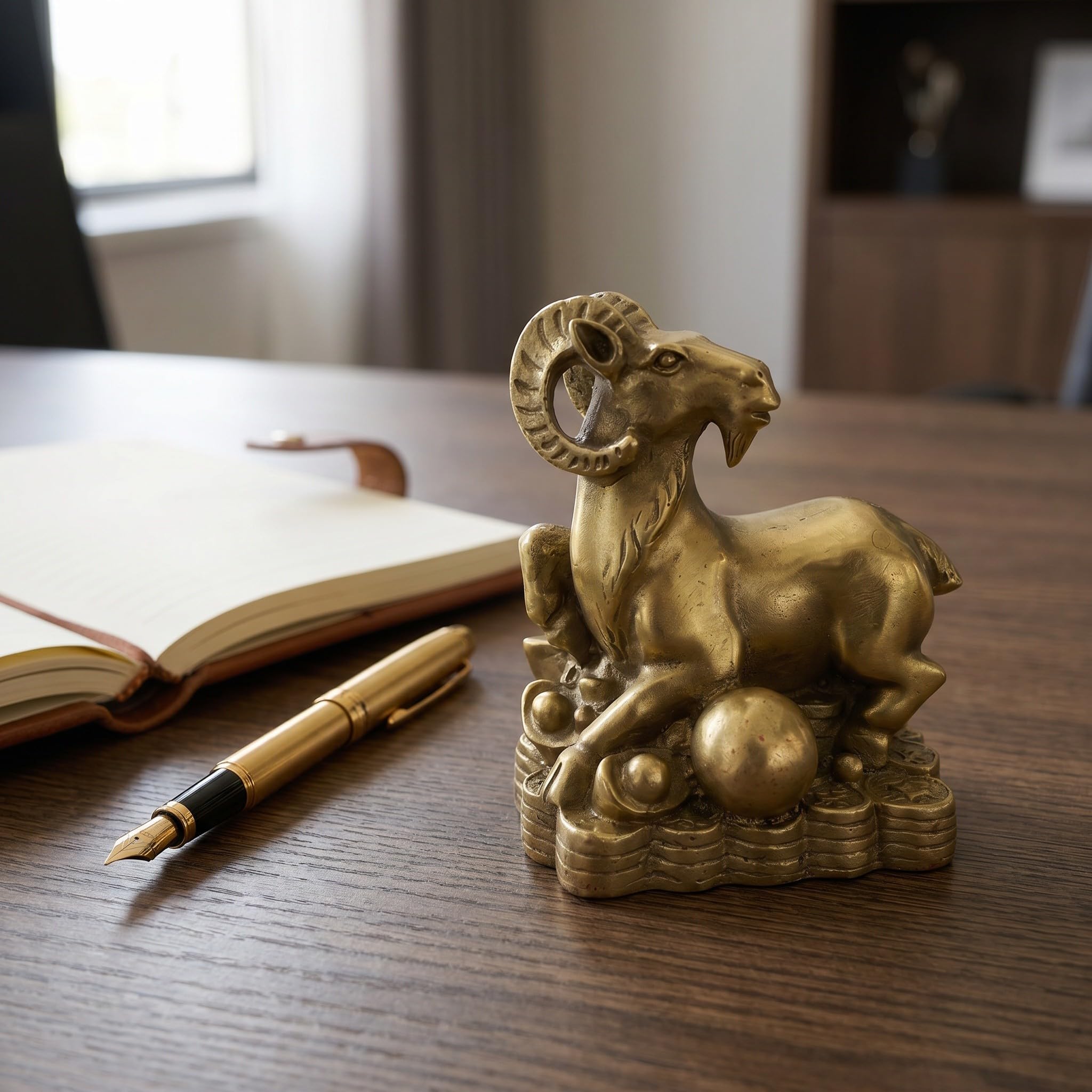 SHINEOFI Mosiężna figurka kozy: Kolekcjonerska, realistyczna figurka zwierzęcia zodiaku - Rok Owcy 2027, zwierzęcia, dekoracja biura