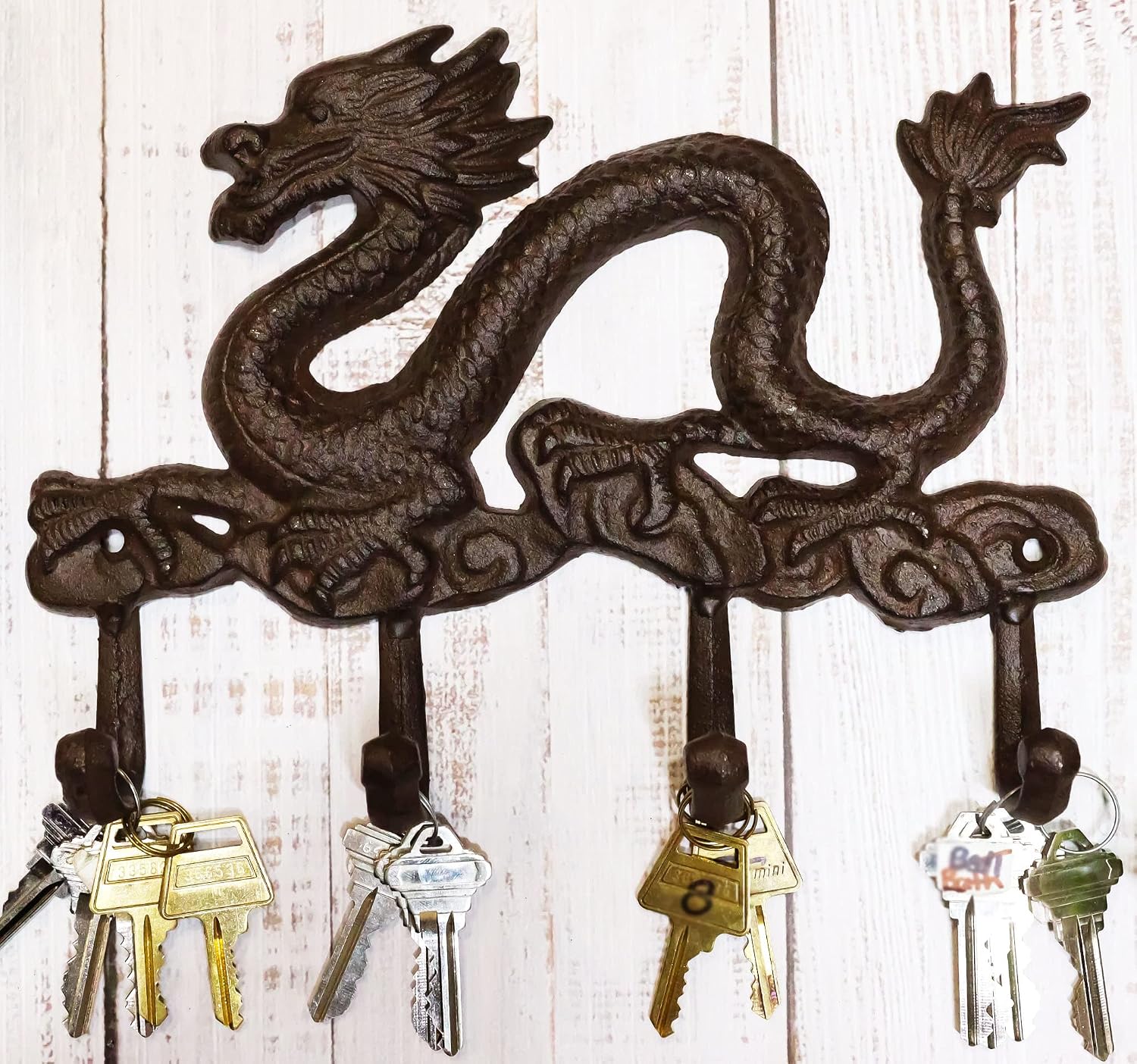 Ebros Gift Cast Iron Vintage Rustic Fantasy Chinese Celestial Nine Dragons Legend Dragon King Gliding Over Clouds 4-Pegs Wall Key Leash Jacket Hook Multi-Purpose Hanger Plaque Hooks