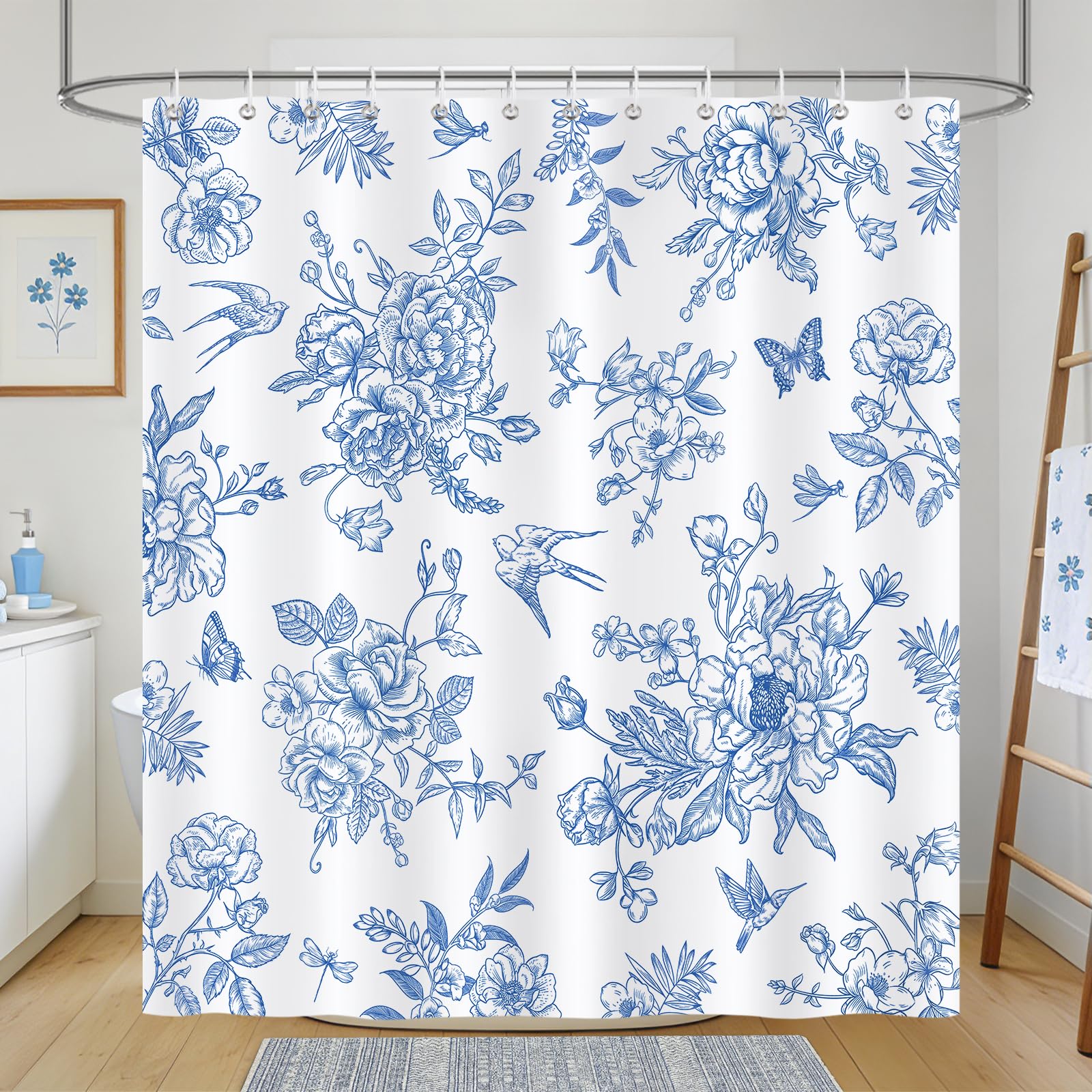COZZSNUGE Navy Blue Floral Shower Curtain, Vintage Flower Leaves Bird Chinoiserie Farmhouse Bathroom Curtain 180 x 180 cm, Water Repellent Mildew Resistant Polyester with 12 Hooks