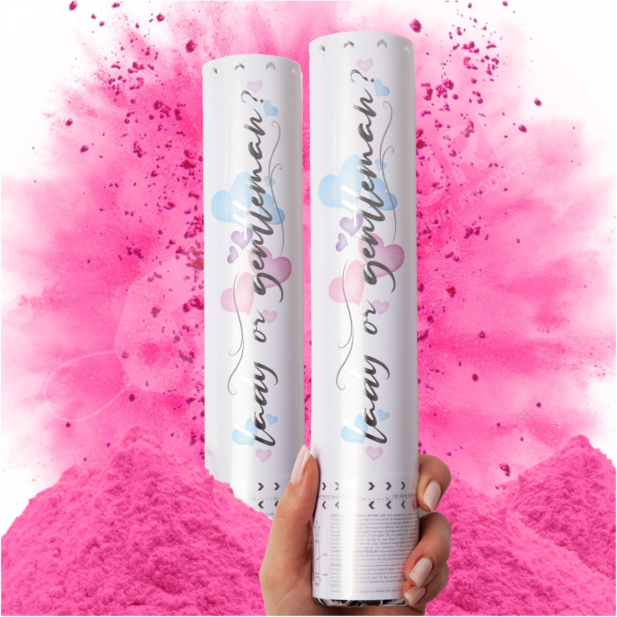 PrimePure Gender Reveal Confetti Cannon - Biodegradable Powder Cannon - Pink Powder, Set of 2 - Gender Reveal Smoke Bombs Party Poppers Confetti Cannons for Baby Girl Baby Shower Announcement