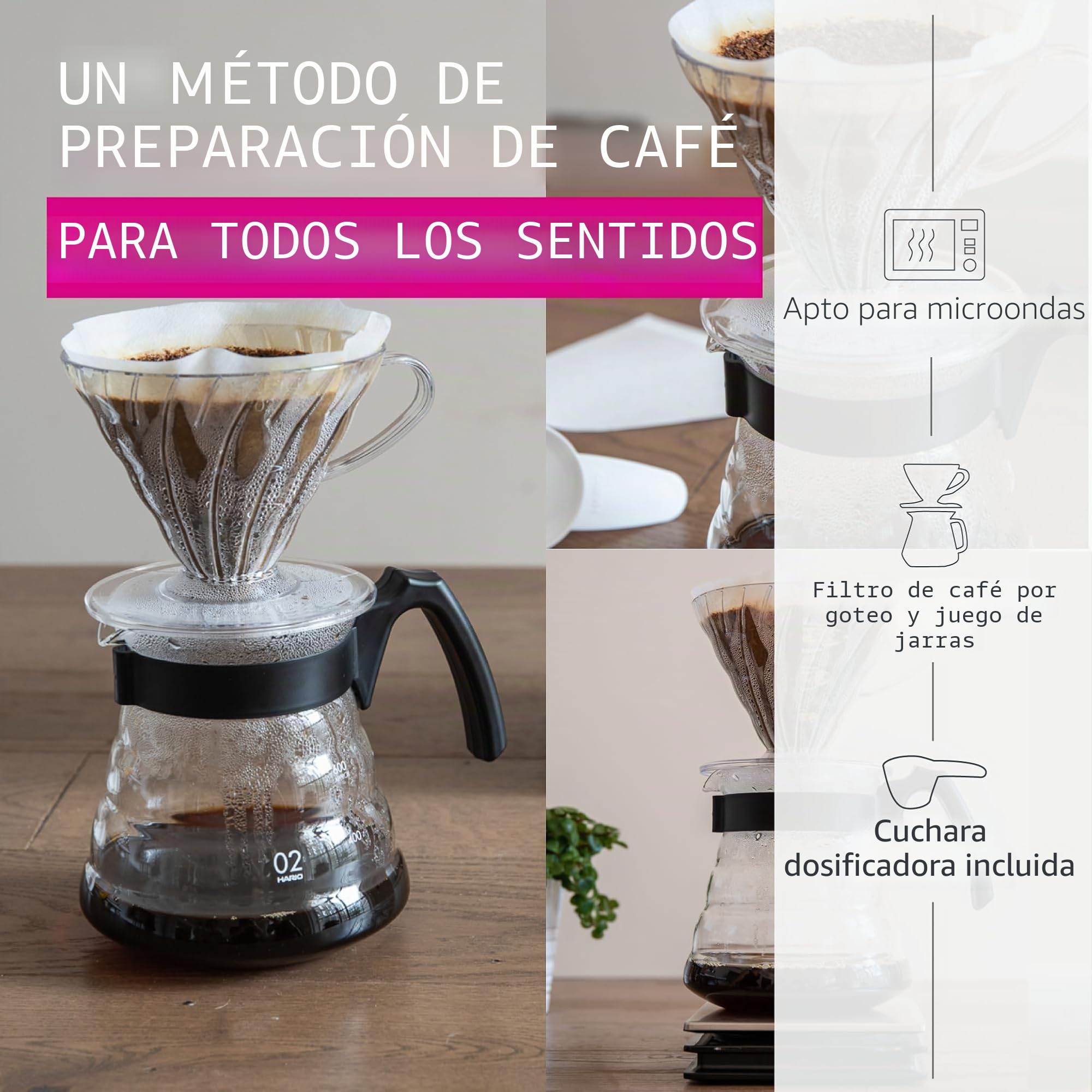 Hario Gotero de plástico Craft Kit V60 con cafetera de vidrio, cuchara dosificadora y filtros, borosilicato, negro, tamaño 2