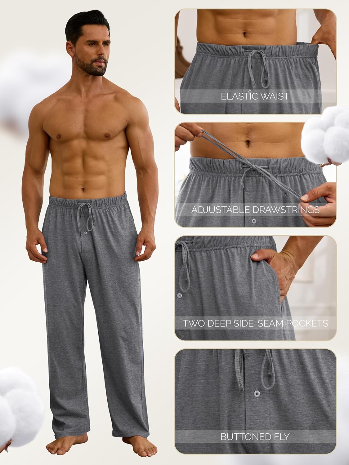 3 Pack Mens Cotton Pajama Pants, Lightweight Lounge Pj Bottoms for Men Soft Sleep Pants with Pockets & Drawstring - Image 3