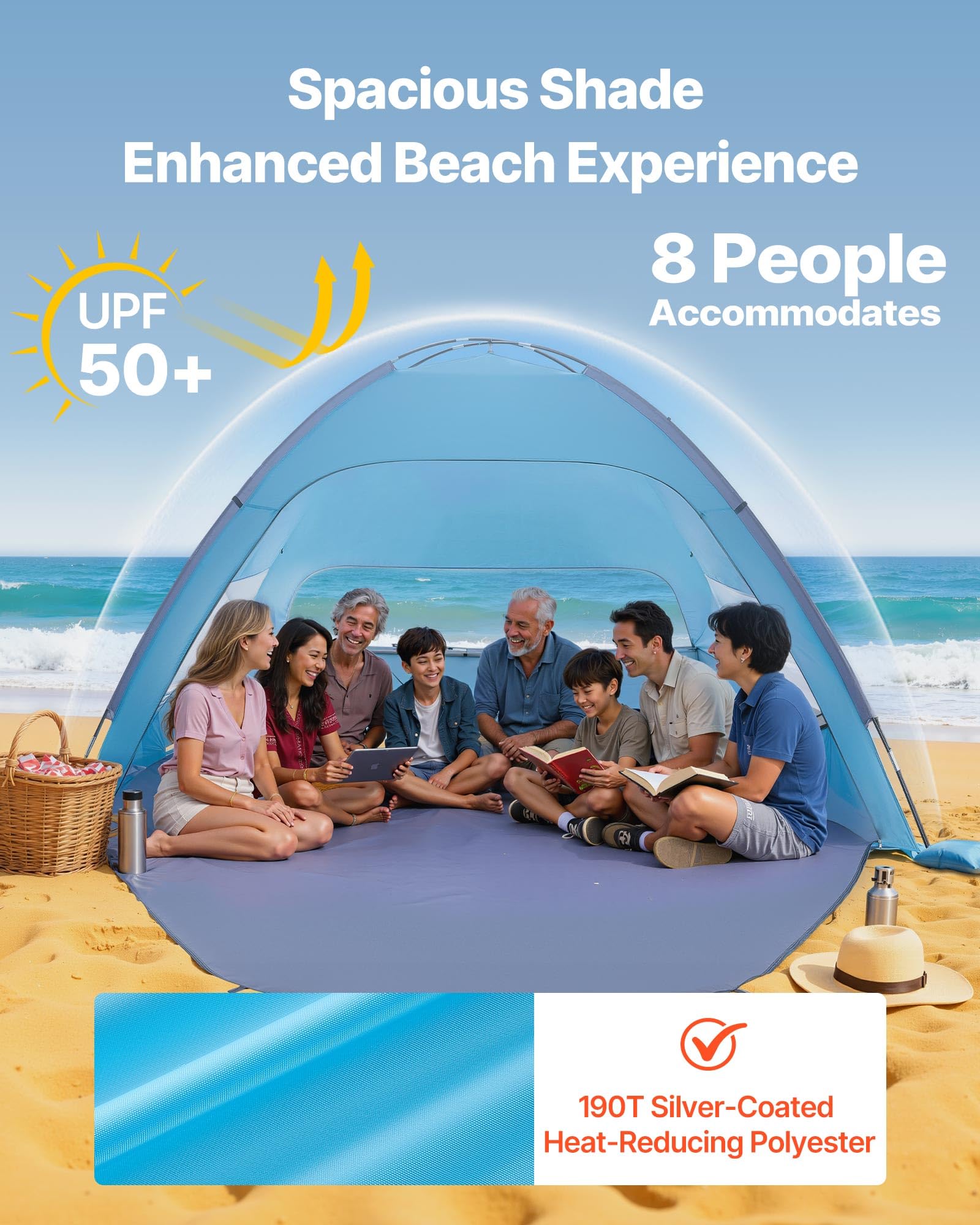 VEVOR Tente de Plage 8 Personnes Anti-UV UPF 50+ Abri Soleil Portable avec Sac de Transport