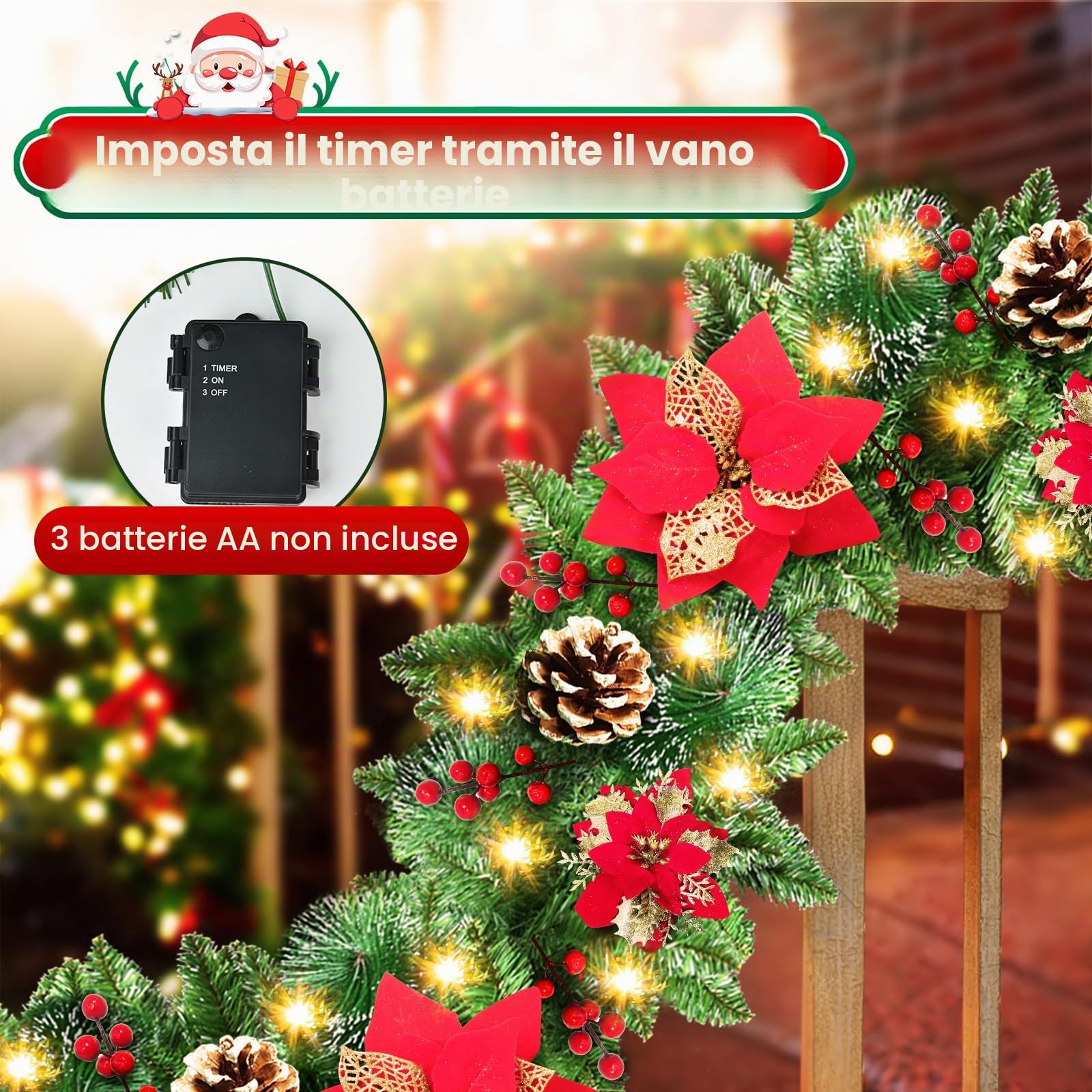 JTSIOV Ghirlanda Natalizia, 2,7 Metri con 30 LED, a Batteria, Impermeabile IP65, con Timer, per Interni ed Esterni, Ideale per Scale, Caminetto e Porta d'Ingresso