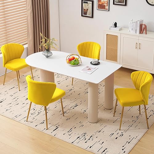 Miniatura 3 de Juego de 2 sillas de comedor de terciopelo, modernas sillas tapizadas con patas de metal dorado para comedor, cocina, tocador y patio (amarillo)