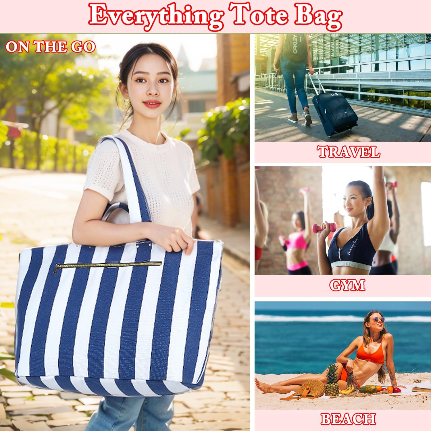 Large Canvas Beach Bag for Women, Beach Bags Waterproof Sandproof with Zipper & Wet Bag Cruise Essentials - Image 7