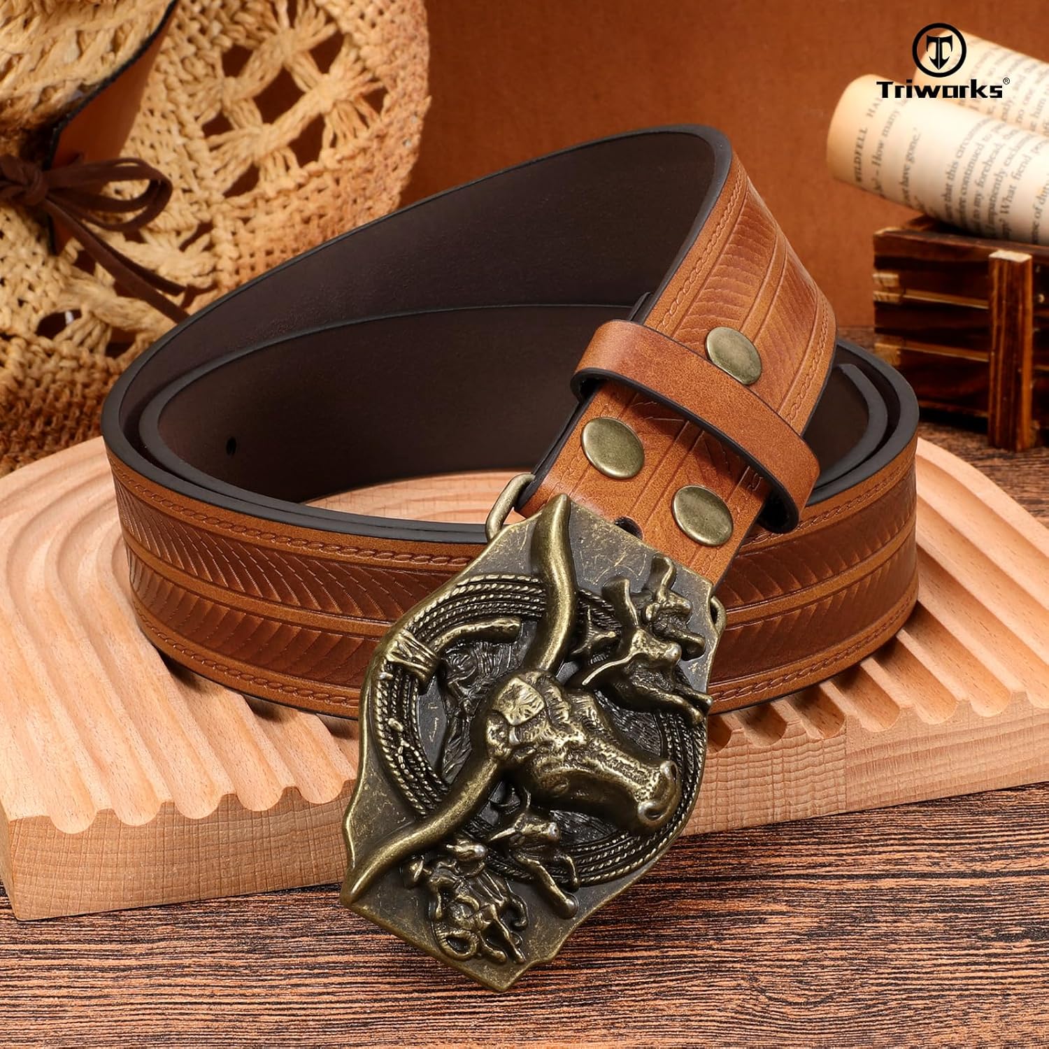 TRIWORKS Western Cowboy Leather Belt for Men Women Cowgirl Western Country Belt Mens Buckle Belt for Jeans - Image 6