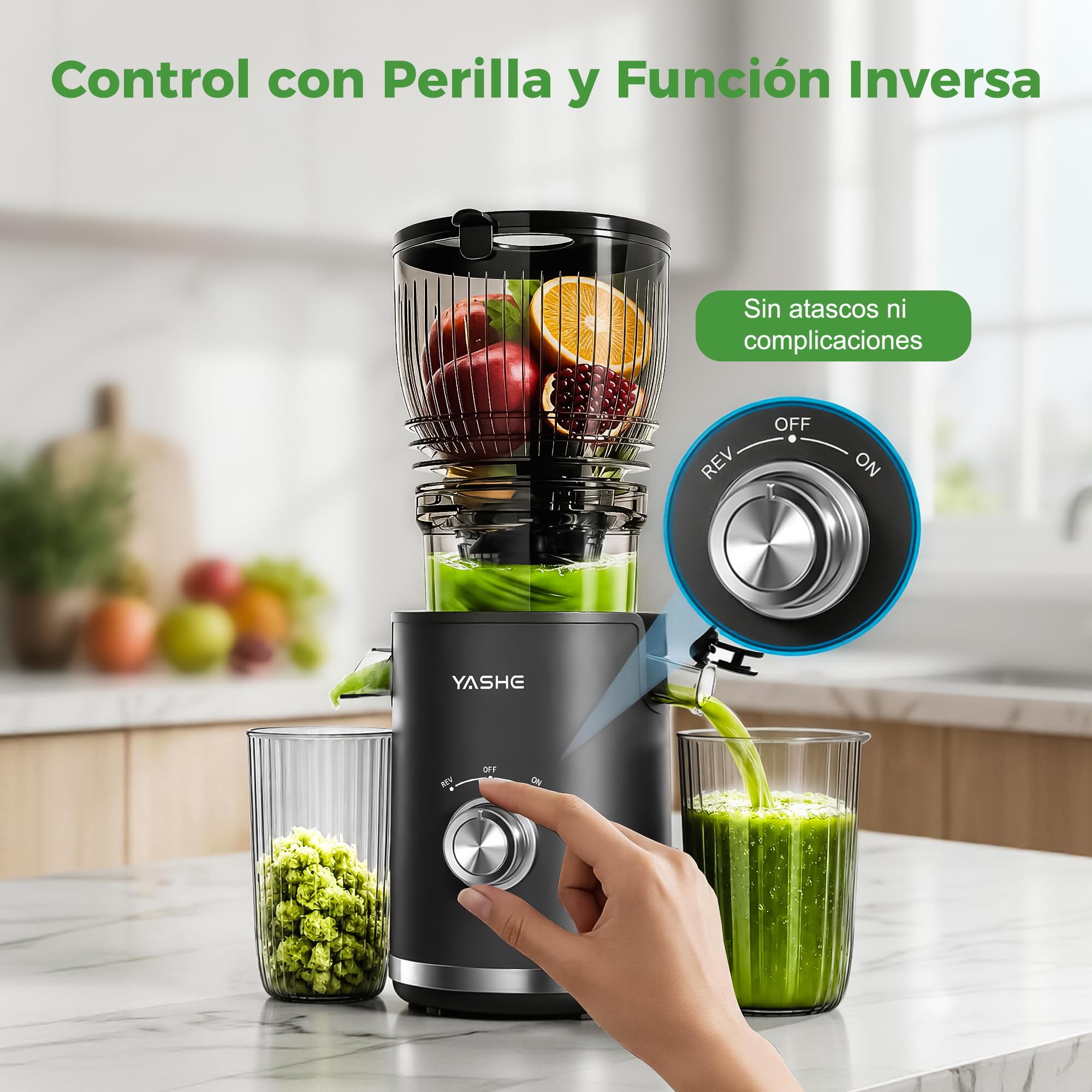 YASHE Extractor de Zumos Lento 300W, Boca 148 mm para Frutas y Verduras Enteras, con Función Marcha Atrás, Motor Silencioso, Sin BPA, Fácil Limpieza