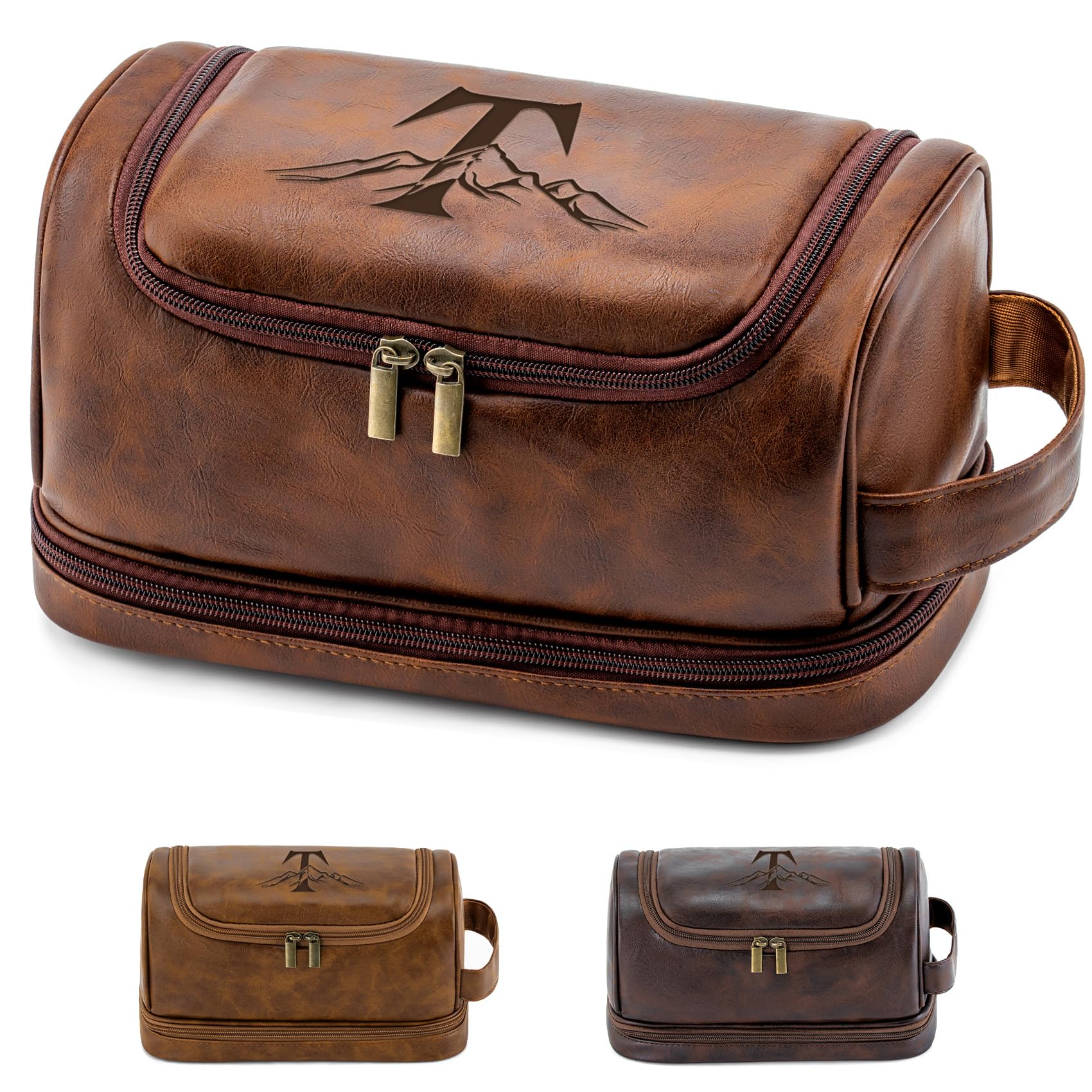 Neceser de viaje personalizado para hombre, grabado con láser, con monograma, inicial, para artículos de tocador, San Valentín, aniversario, regalos geniales para hombres, marido, novio, marrón