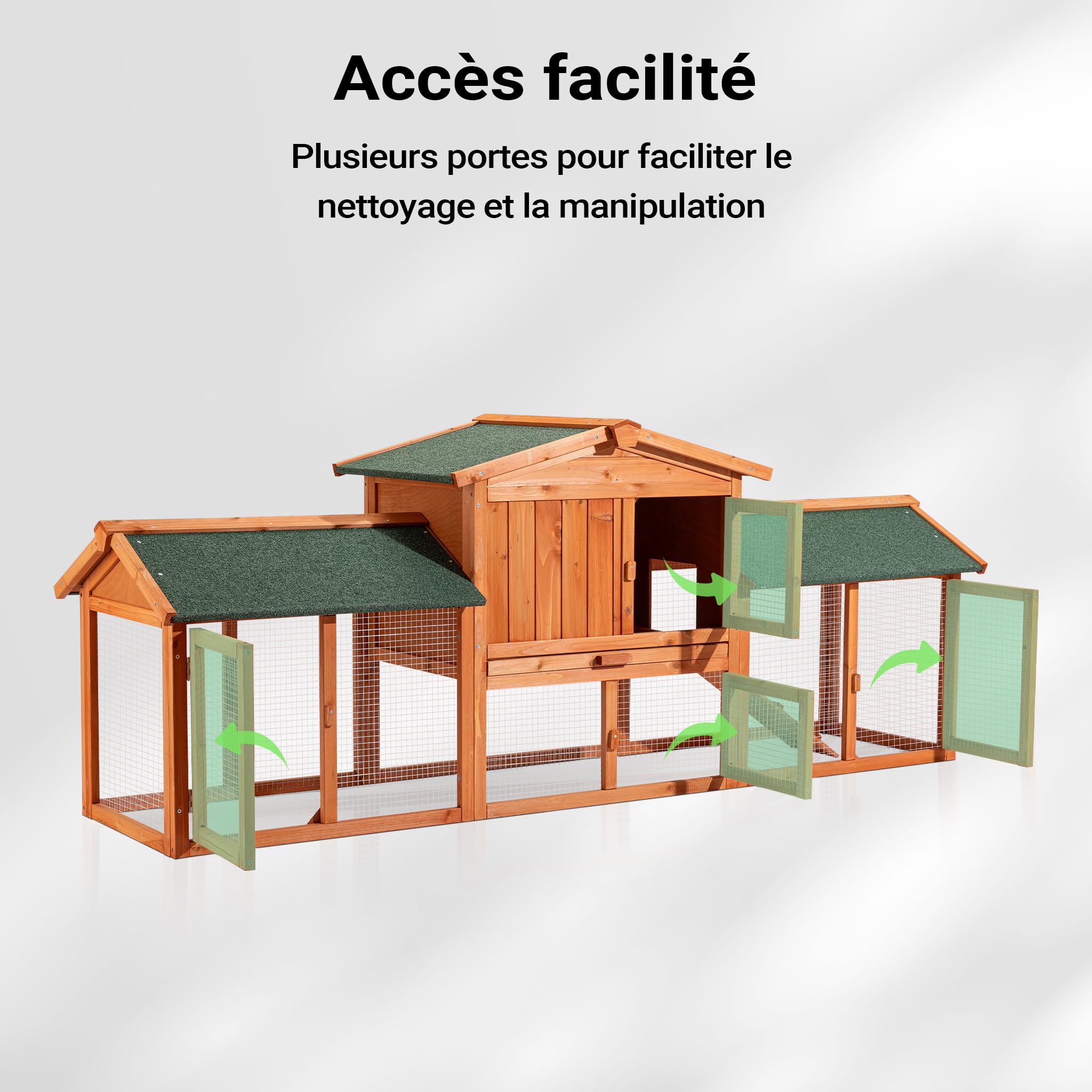 Wiltec Clapier XXL – 2110 x 530 x 835 mm – Toit bitumé – Bois Sapin – avec Rampe, bac Amovible, enclos – Abri soulevé, Cage pour rongeurs Poulailler Lapinière Nichoir Espace Libre