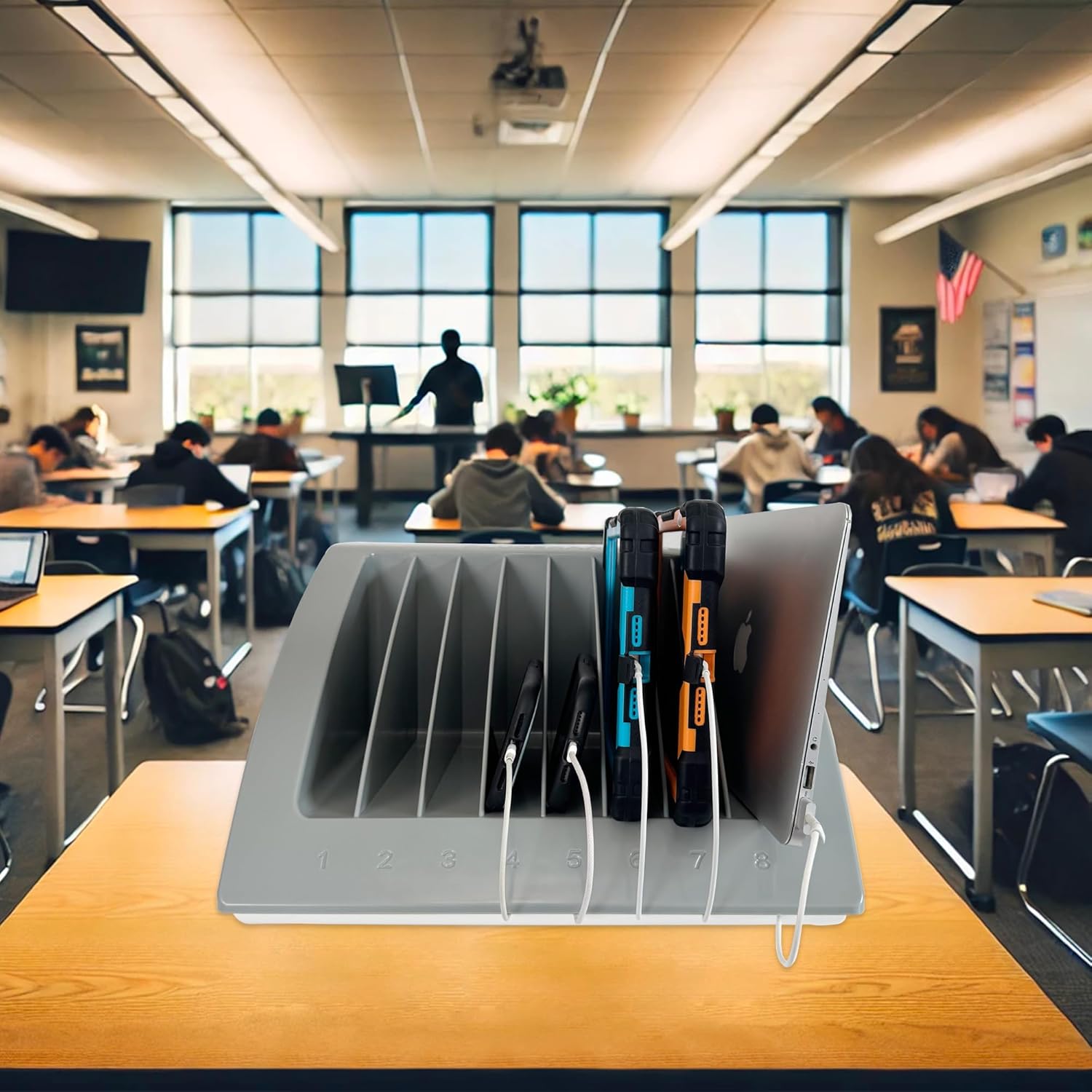 8-Device Laptop & Tablet Charging Station – Classroom & Office Organizer with Circuit Breaker & Cable Management – Fits Laptops, Chromebooks & Tablets Up to 15.6'' & 1.375'' Thick