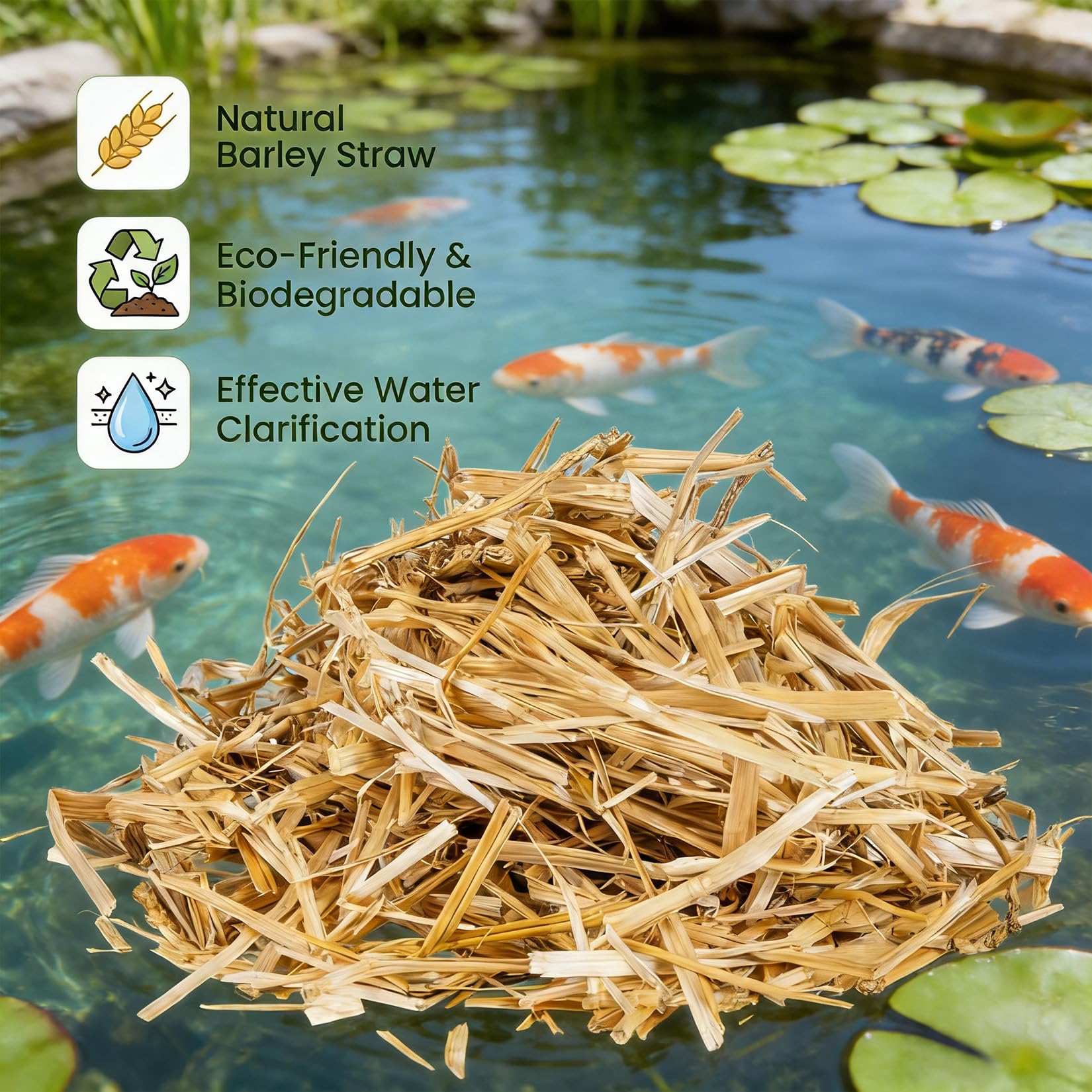 MAQIHAN Paille d'orge pour étangs – Traitement des bassins de paille jusqu'à 2000 gallons, soutient l'équilibre de l'eau, convient pour les carpes koï, les animaux domestiques, le jardin et les