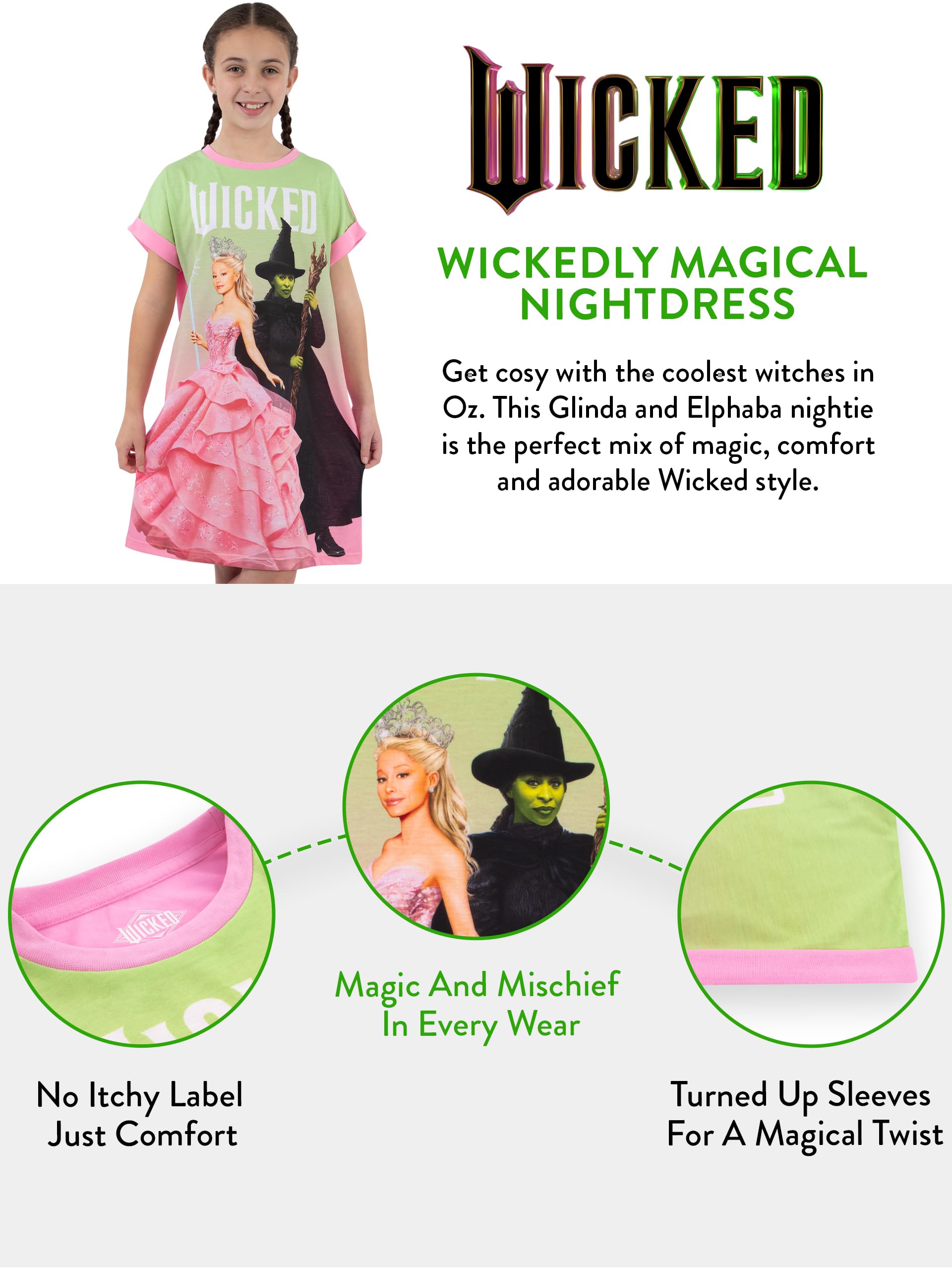 WICKED Koszula Nocna Dla Dziewczynek | Glinda I Elfaba Nocne Koszule Dla Dzieci | Koszula Nocna Glinda