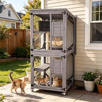 Outdoor Catio for Cats, Cat Enclosure with Window Connection, 4 Swivel Wheels, 3 Platforms, Sisal Scratching Post, Cat Hammock & Condo, Weatherproof Cat House for Patio, Balcony & Indoor