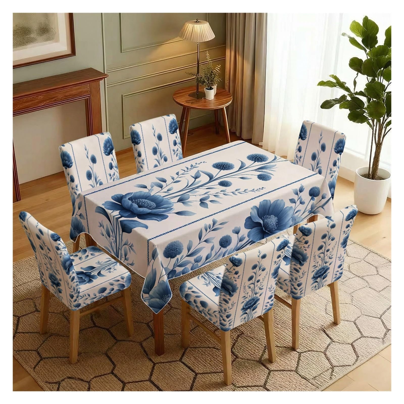 BOSUYBN Blue And White Vintage Floral Striped Dining Tablecloth & Chair Covers Set, 5/7 Piece Minimal Elegant Farmhouse Cottage Dining Home Decor Table Setting(7pcs Set: Tablecloth+Chair Covers)