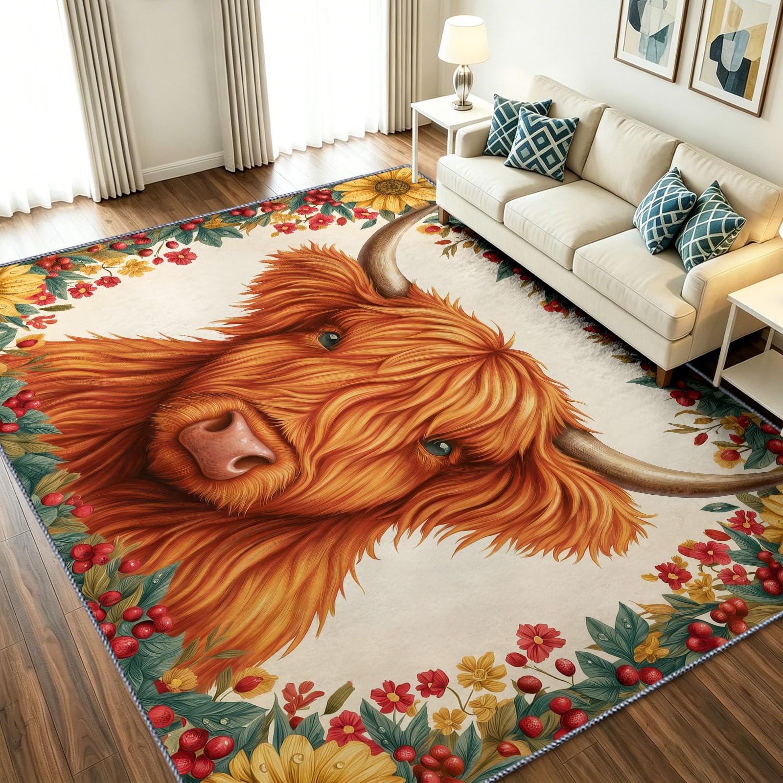 Tapis pour Chambre Animal Champêtre 120 x 180 cm, Tapis Antidérapant Vache Highlands Tournesol Baies Modèle, Poils Courts Doux Lavable Moquette Décoration pour Salon Chambre Cuisine et Couloir