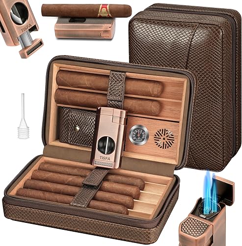 TISFA Humidor de viaje para cigarros portátil con encendedor de antorcha de cigarros todo en uno, humidificador de puros, higrómetro, juego de