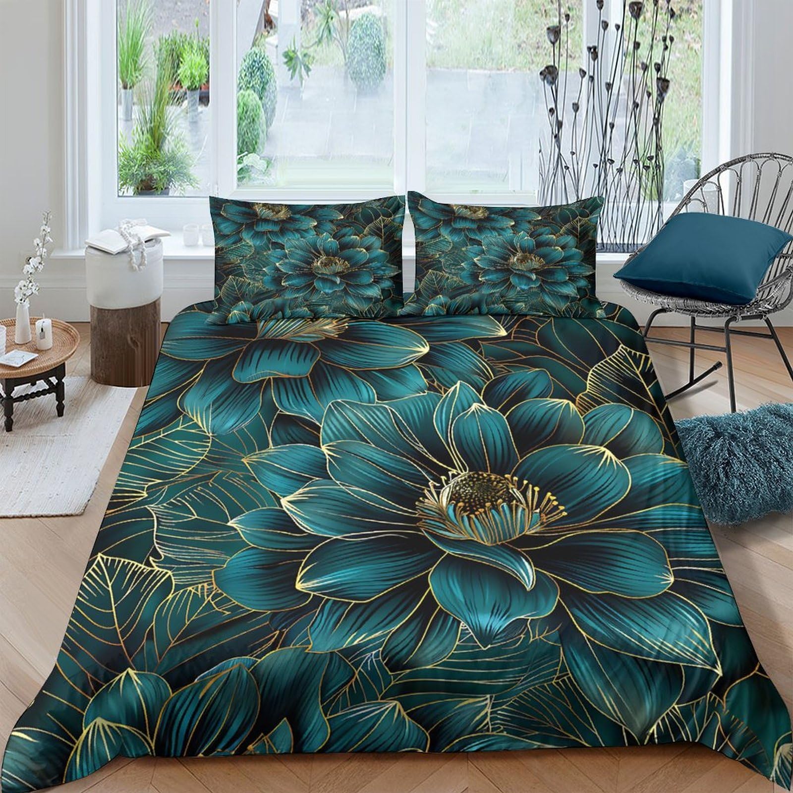 Ctjqhvkz Style-6 3D Printed Teal Lotus Fitted Sheet Microfiber Soft Dark Floral Mattress Cover For Bedroom Guest Room Rental Decor Single（135X200cm）