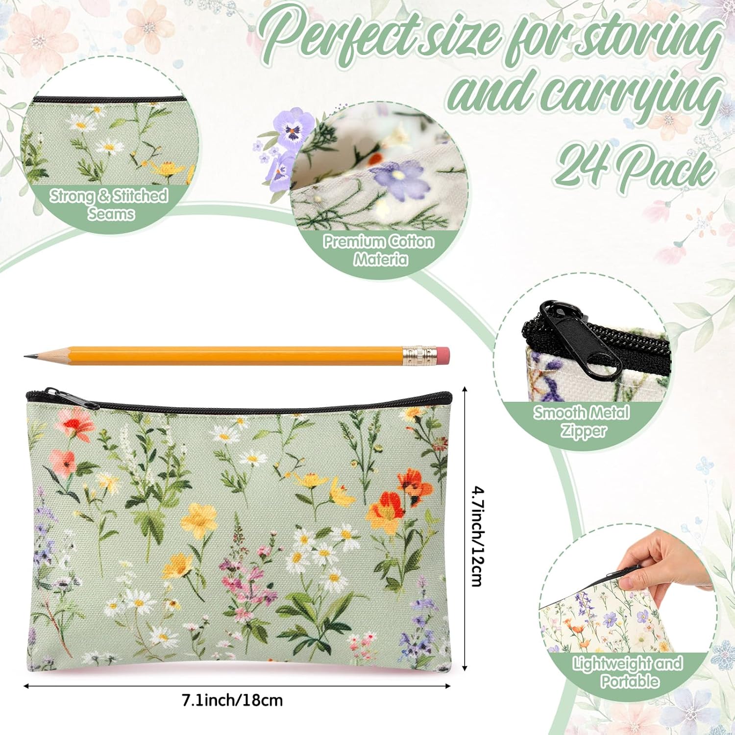 Shinylin 24 Pcs Easter Spring Party Favors Wildflower Makeup Bags Bulk Wildflower Party Decorations Flowers Canvas Cosmetic Bags with Zipper for Travel Toiletry Organizer(Flower)