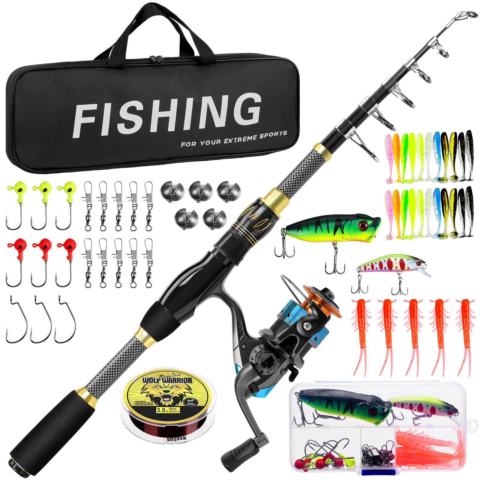 Ertisa Canna da Pesca Spinning, 2.1m Fibra di Carbonio Canne Pesca Telescopica Set Combinato Canna da Spinning e Mulinello da Pesca Esche da Pesca Kit Borsa da Trasporto Per Mare e Acqua Dolce Viaggio