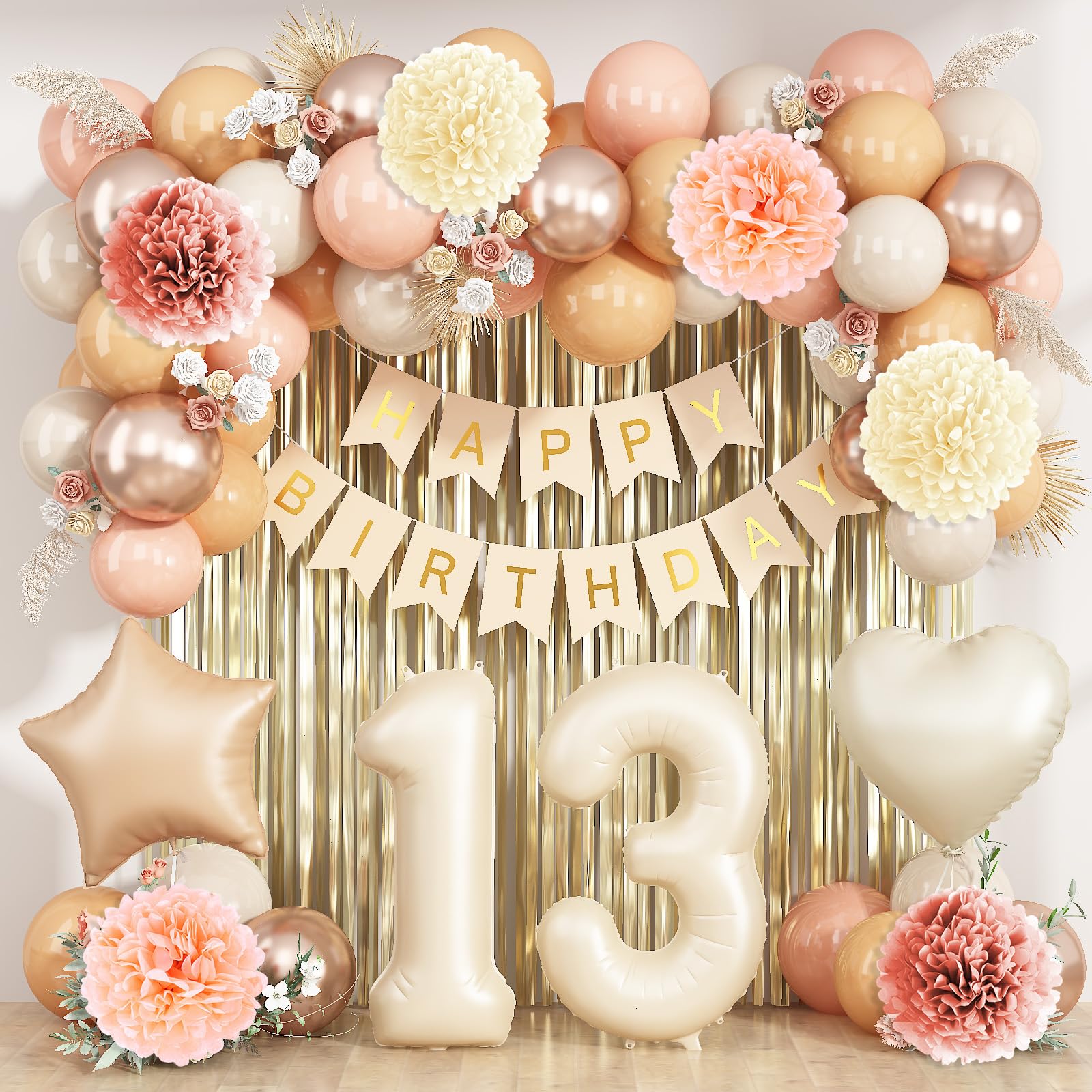 Beige 13th Birthday Decorations Girls Boys Cream Number 13 Balloon Nude Gold Happy Birthday Banner Fringe Curtain Paper Pom Poms Blush White Sand