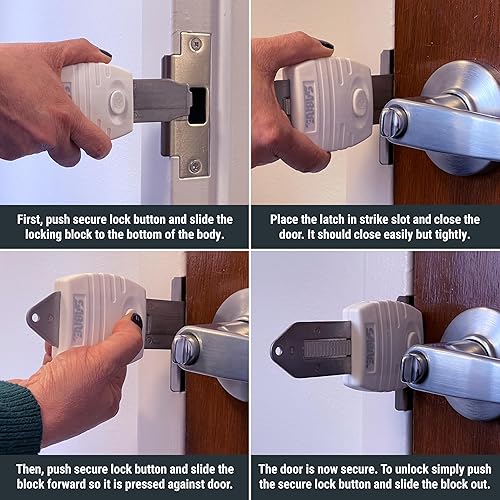 Miniatura 5 de SABRE Cerradura de puerta portátil con bolsa de viaje, cerradura de puerta duradera para puertas con bisagras, ligera, seguridad adicional para