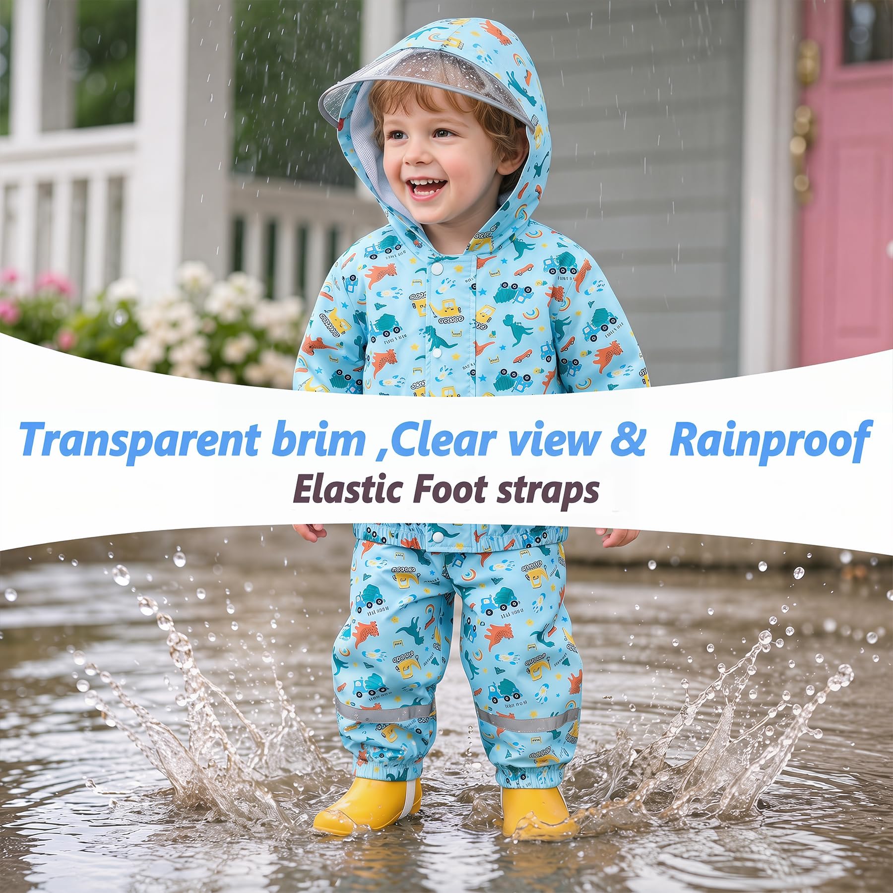 Chubasquero Niño Niña Ligero Conjunto Impermeable con Capucha y Reflectante Estampado Chaqueta Lluvia & Pantalones Traje de Lluvia Abrigos, Exteriores Ropa para Infantiles 1-7 años