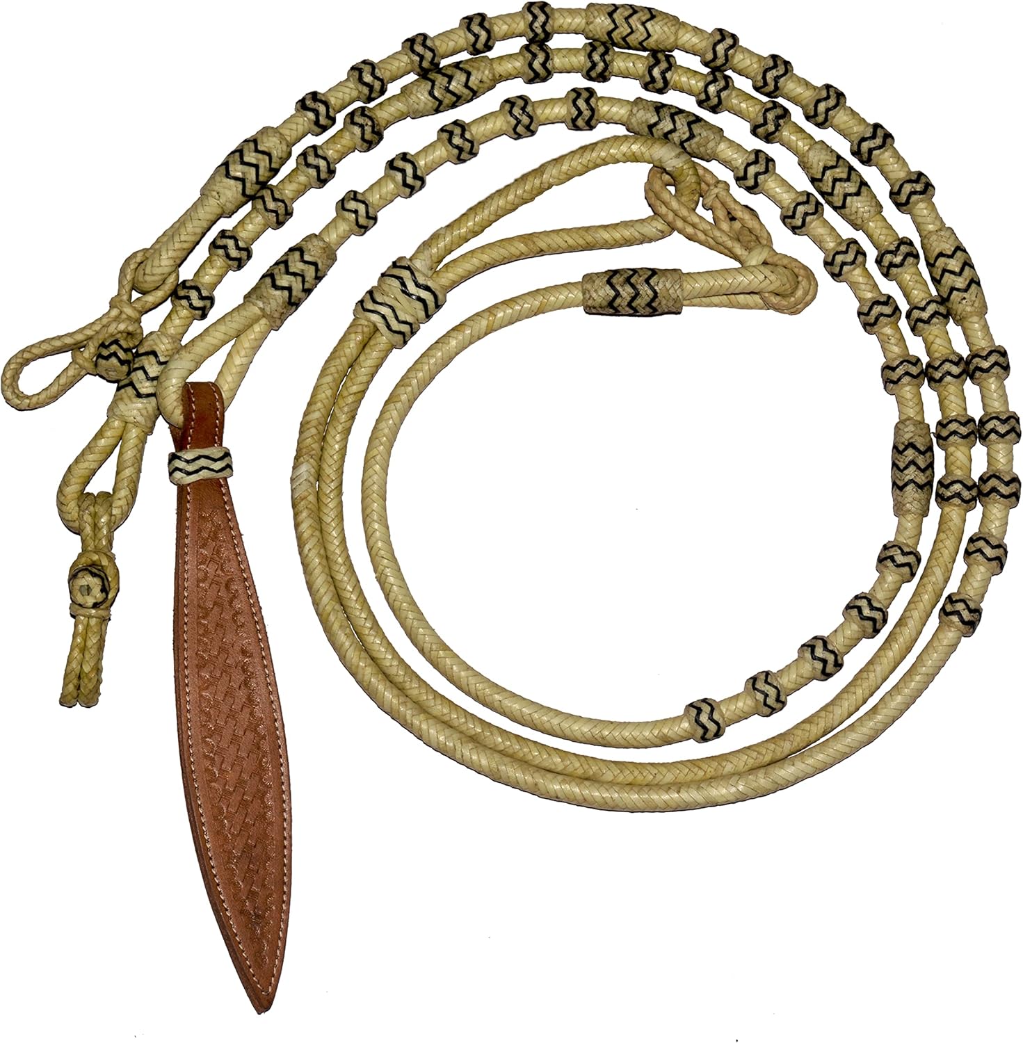 Natural & Black Knots Raw Hide Leather Horse Tack Hand-Braided Romal Romel Reins Hand Made Reins-8.5 Ft Rein, 52' Romel