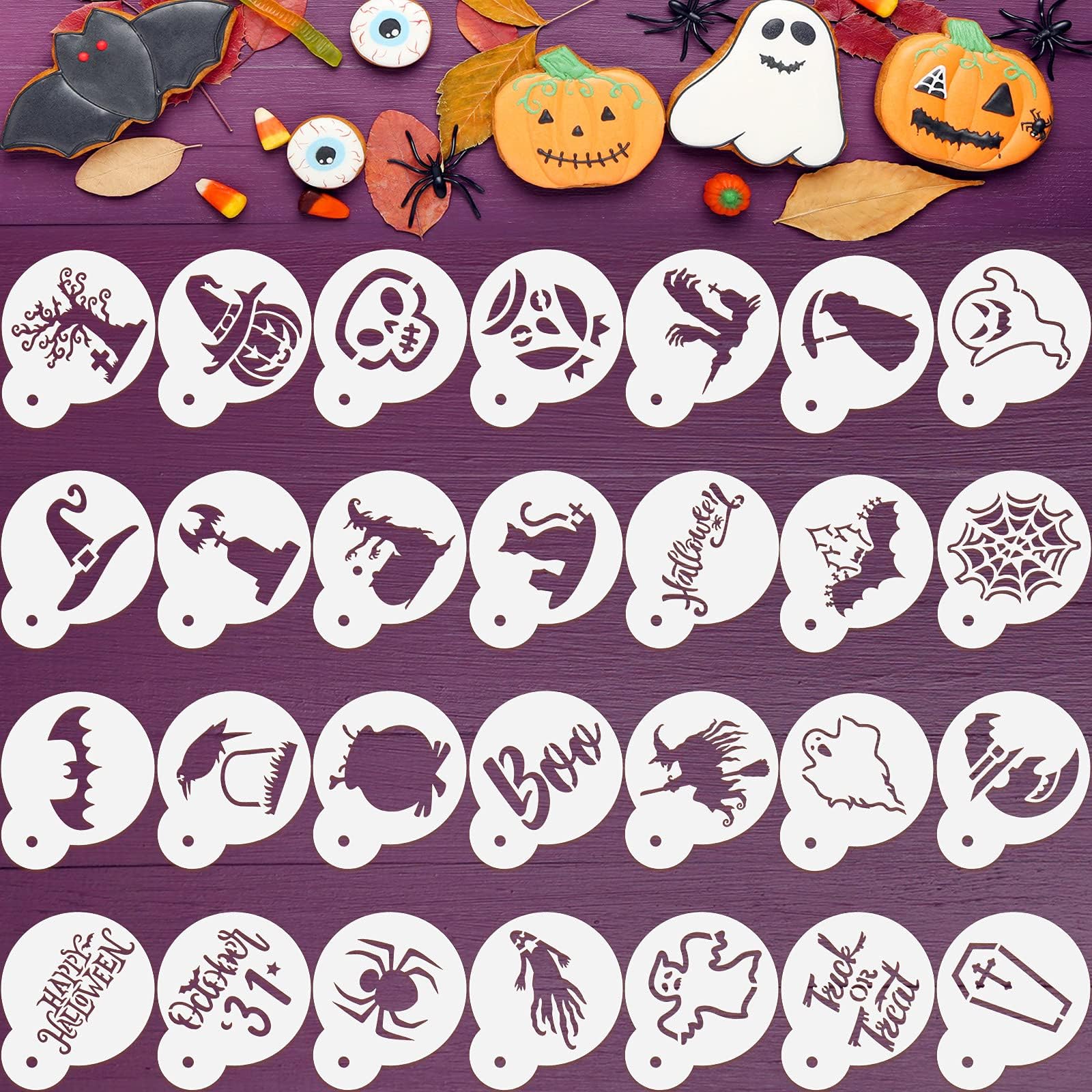 30 Pieces Halloween Cookie Stencil Reusable Halloween Stencils and Templates Cake Painting Stencils Baking Painting Mold Tools for Party Dessert Coffee Cookies Birthday Cake DIY Decoration