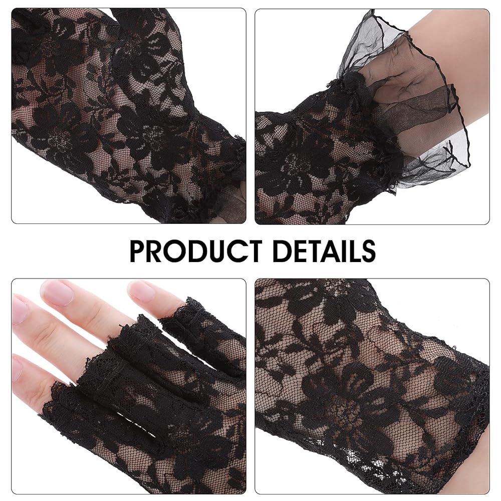 Guanti In Pizzo Senza Dita - Lunghi Fino Al Gomito, Nero - Foto 2
