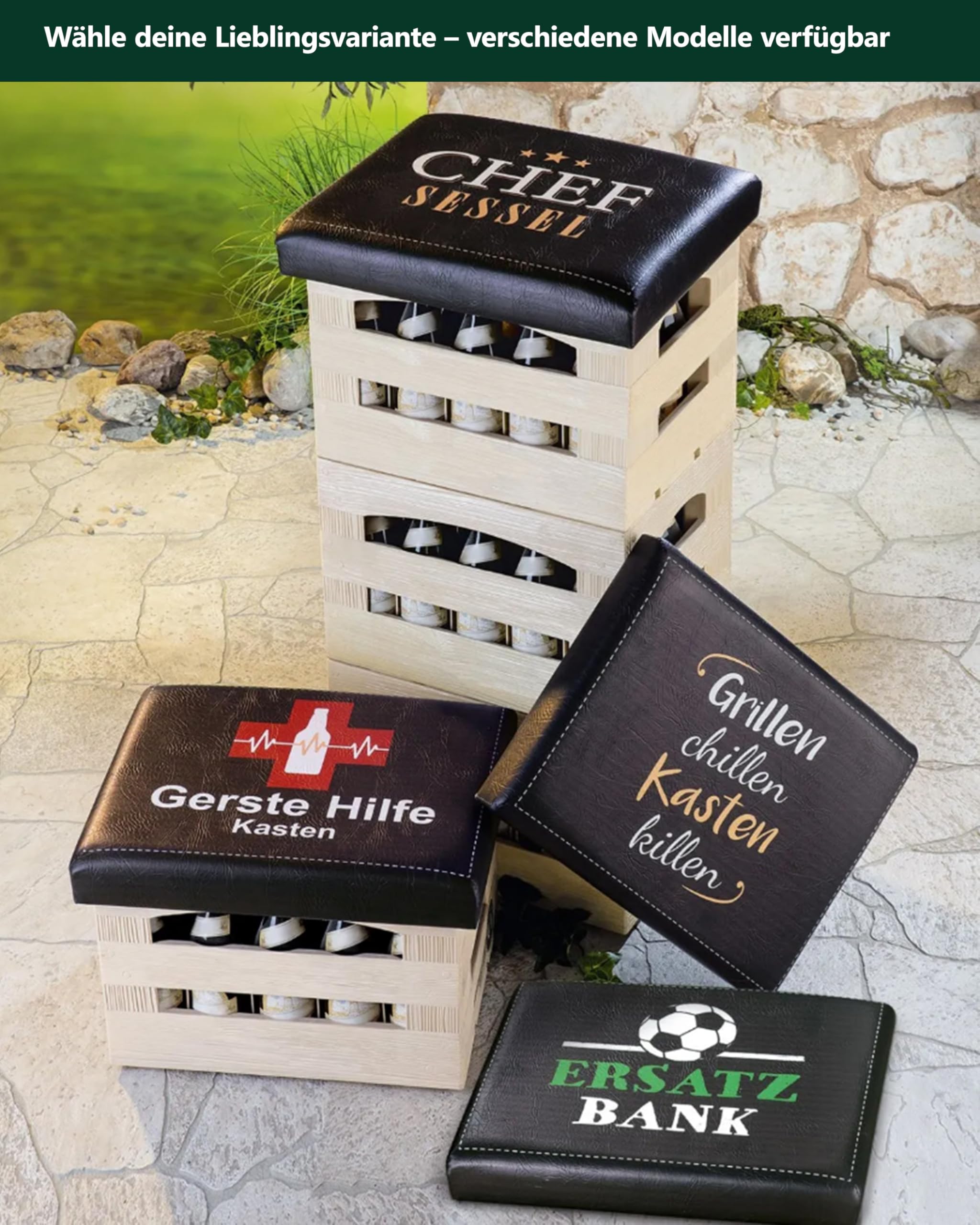 Cult at Home Bierkastensitz Chefsessel - Sitzkissen Bierkiste inkl. Bierdeckel Memospiel - Bierkasten Sitz Bierhocker für Bierkasten Getränkekiste - Geschenkideen für Papa - Geschenk für Männer