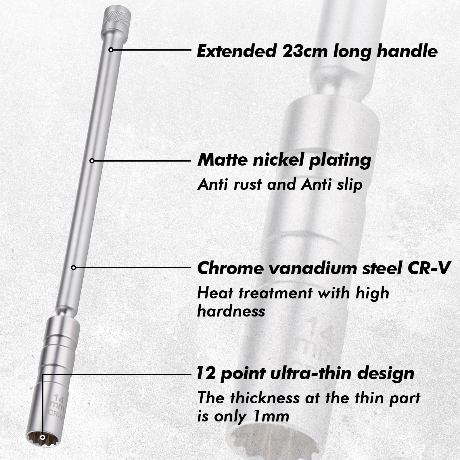 Zocipro Długi pręt 14mm gniazdo świecy zapłonowej, cienkościenny uniwersalny przegubowy klucz do świec zapłonowych, 3/8" 12-punktowe magnetyczne gniazdo świecy zapłonowej, narzędzie do usuwania świec