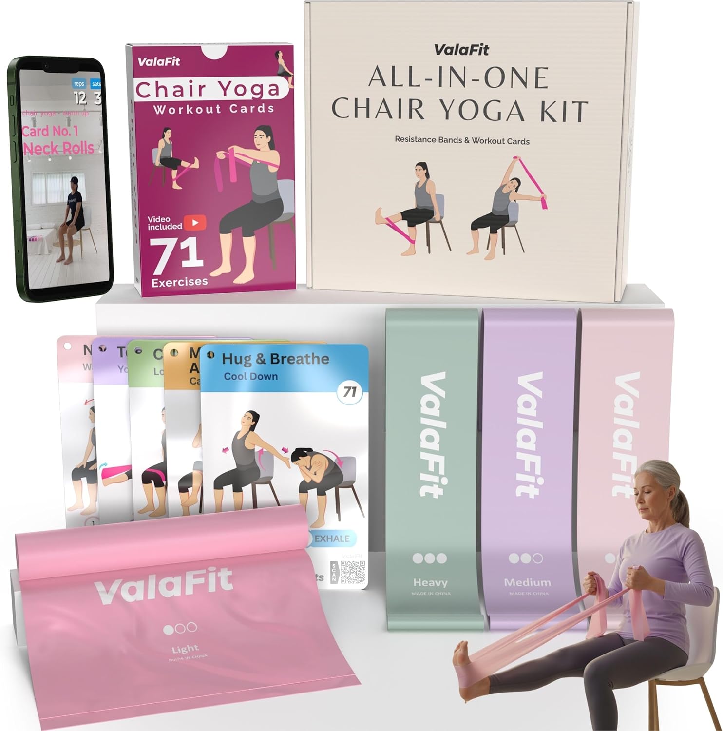 [All-In-One Kit] Chair Yoga for Seniors Over 60: 71-Pose Large-Print Workout Cards (79-Card Deck) & Resistance Bands for Balance, Mobility, Weight Loss & Rehab. Thoughtful Gifts for Grandma or Grandpa