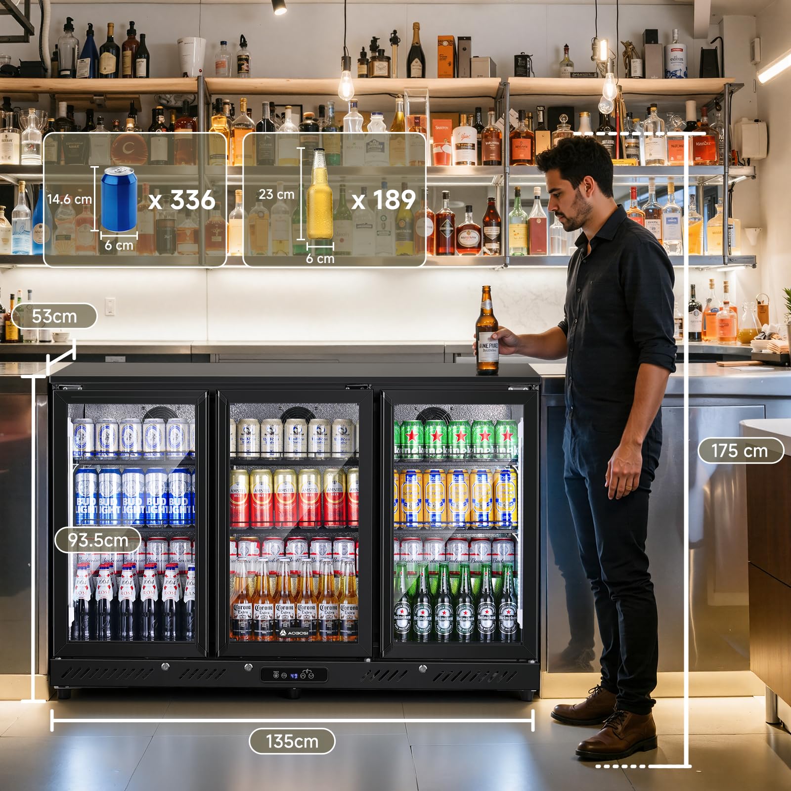 AAOBOSI Bierkühlschrank 339L Touch-Display 0–10°C LED-Seitenbeleuchtung Automatische Abtauung Sicherheitsschloss
