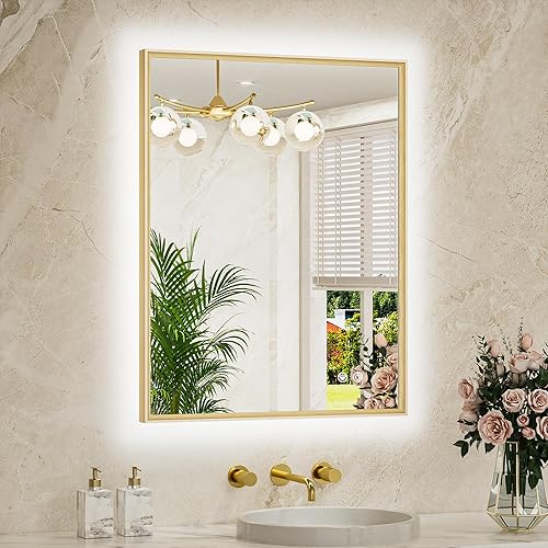 TETOTE Espejo de baño retroiluminado de 24 x 32 pulgadas, marco de metal dorado cepillado, luz LED, 3 colores, blancocálidonatural, sin escalones,