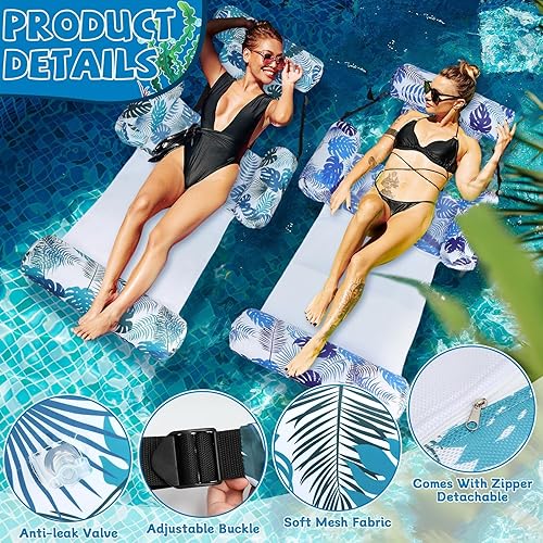 Miniatura 3 de Paquete de 2 flotadores inflables 2 en 1 para piscina con reposabrazos, tumbonas flotantes de tela para piscinas, fideos para adultos, silla