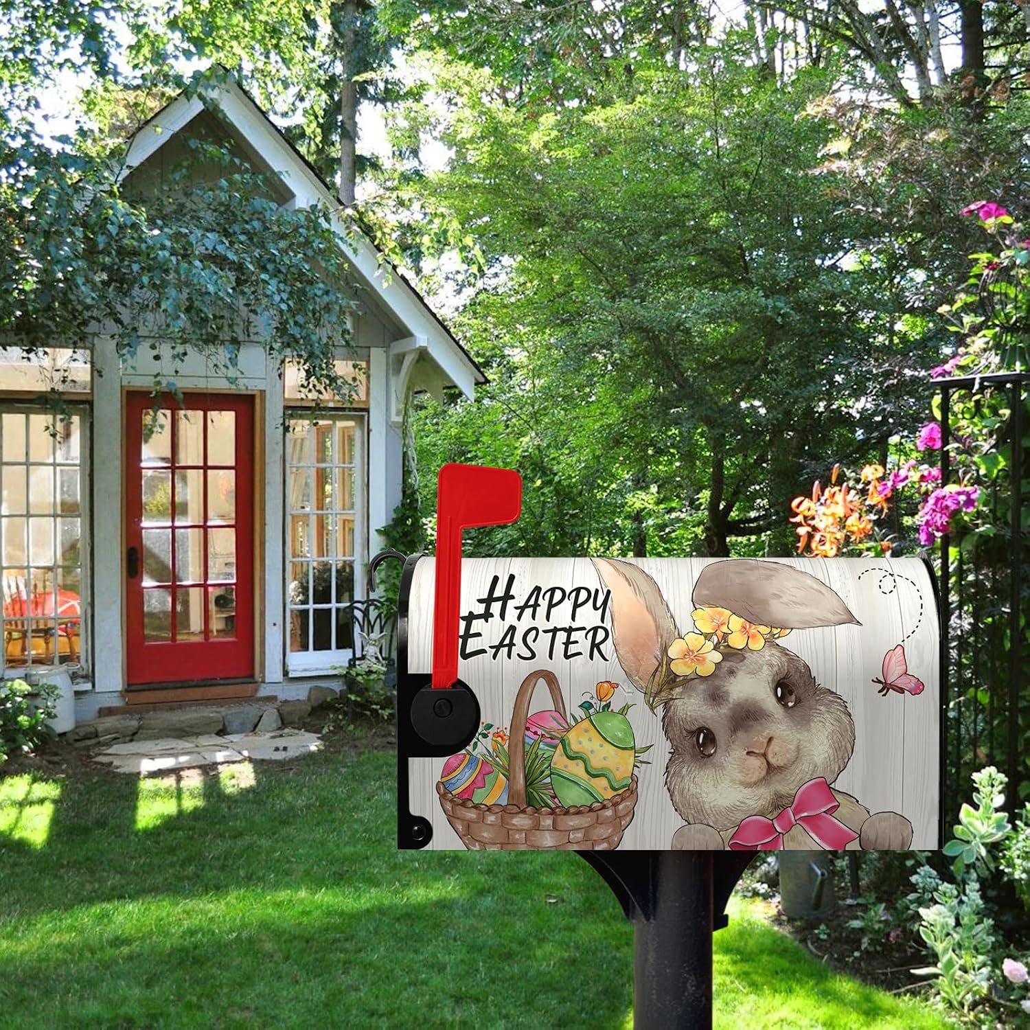 Happy Easter Bunny Mailbox Cover Large Size Cute Rabbit and Eggs Easter Day Magnetic Mailbox Wrap Butterfly Flowers Post Letter Box Covers Decor Funny Garden Yard Oversized 25.5 X 21 Inch image 2