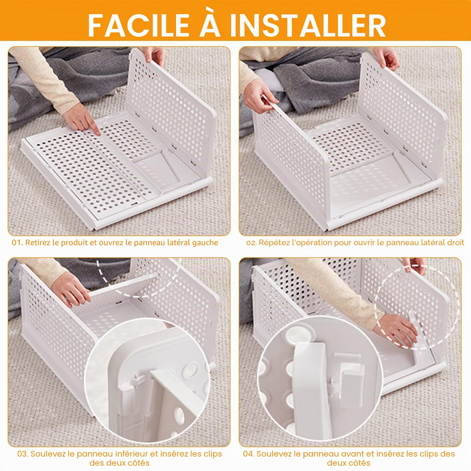 Organisateur de Rangement pour Armoire, Lot de 4 Grands Paniers Empilables - 43 x 33,5 x 25 cm, Bacs de Rangement en Plastique pour Placard, Maison, Bureau, Linge, Vêtements, Jouets, Cuisine