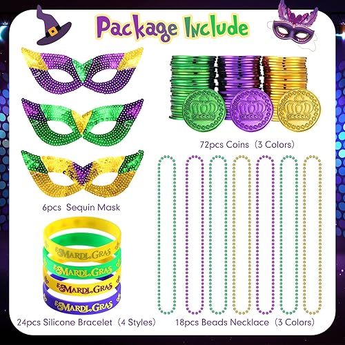 Miniatura 3 de 120 unidades de Mardi Gras, recuerdos de fiesta, Mardi Gras, máscaras de ojos de plástico, morado, verde, dorado, monedas, collares, pulseras de